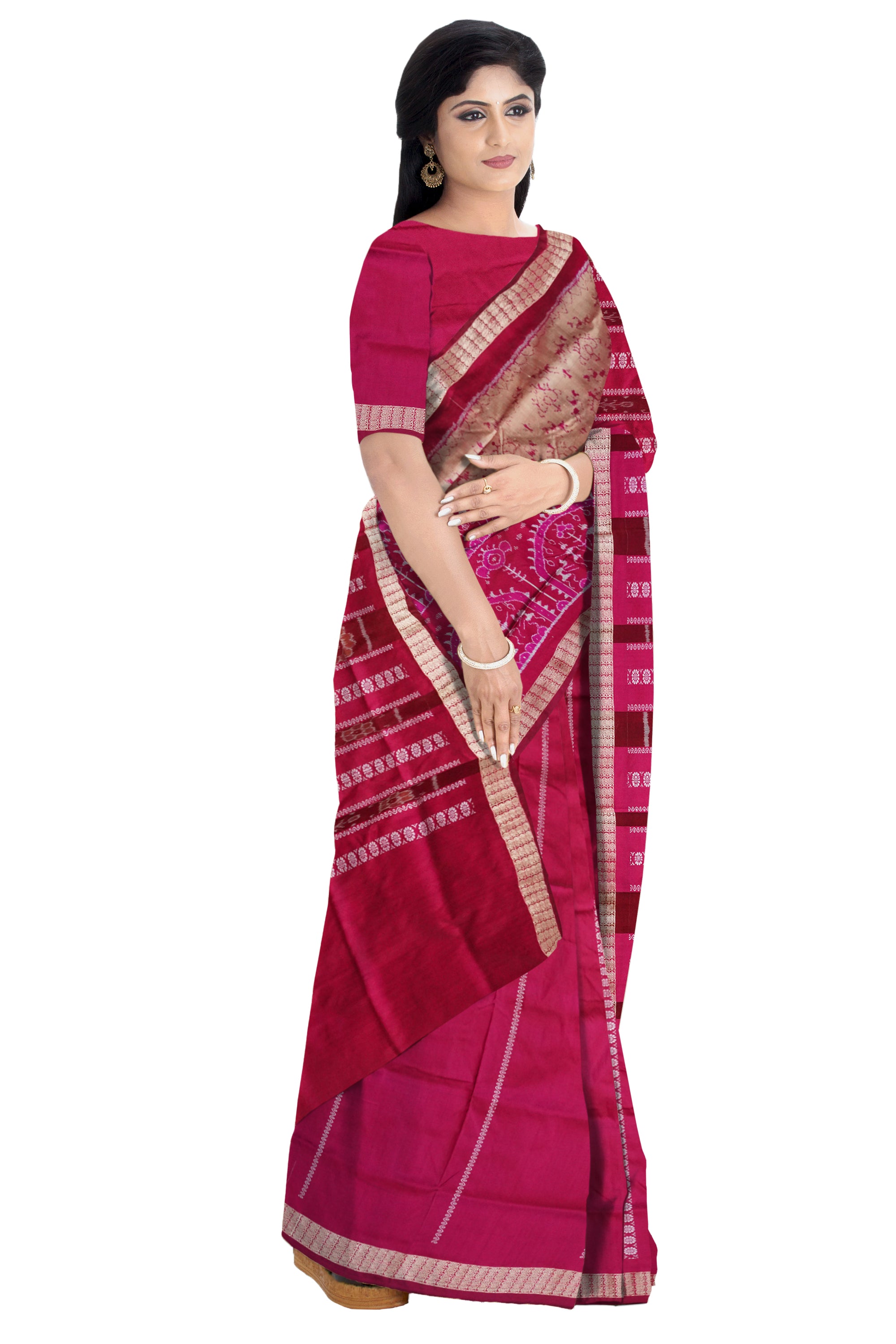 Rani pink & Peach color half half design terracotta pattern  patli pata saree. - Koshali Arts & Crafts Enterprise