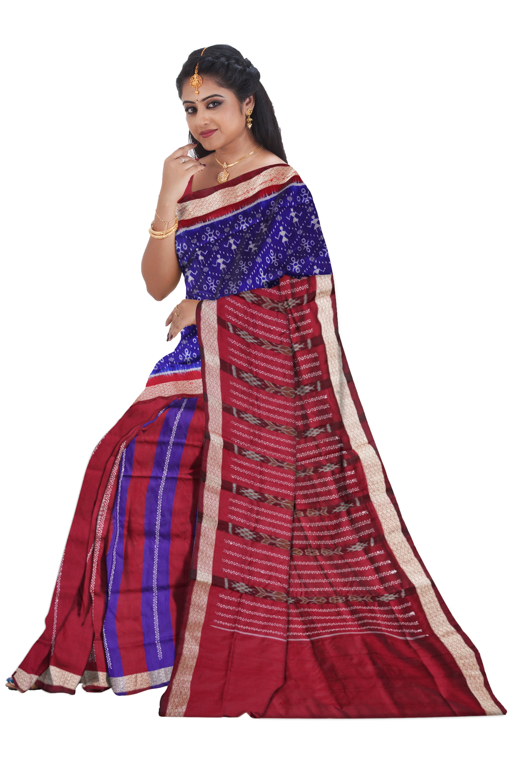Blue and maroon terracotta patli pata saree, bandha pallu design. - Koshali Arts & Crafts Enterprise