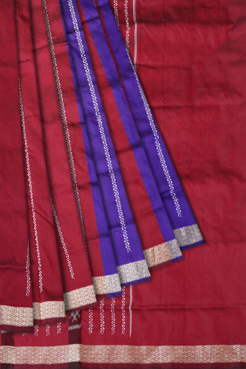 Blue and maroon terracotta patli pata saree, bandha pallu design. - Koshali Arts & Crafts Enterprise