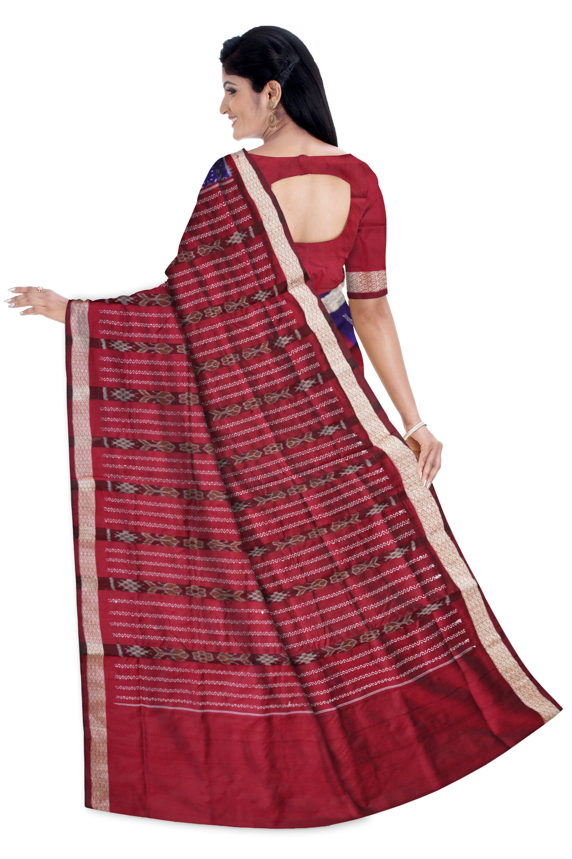 Blue and maroon terracotta patli pata saree, bandha pallu design. - Koshali Arts & Crafts Enterprise