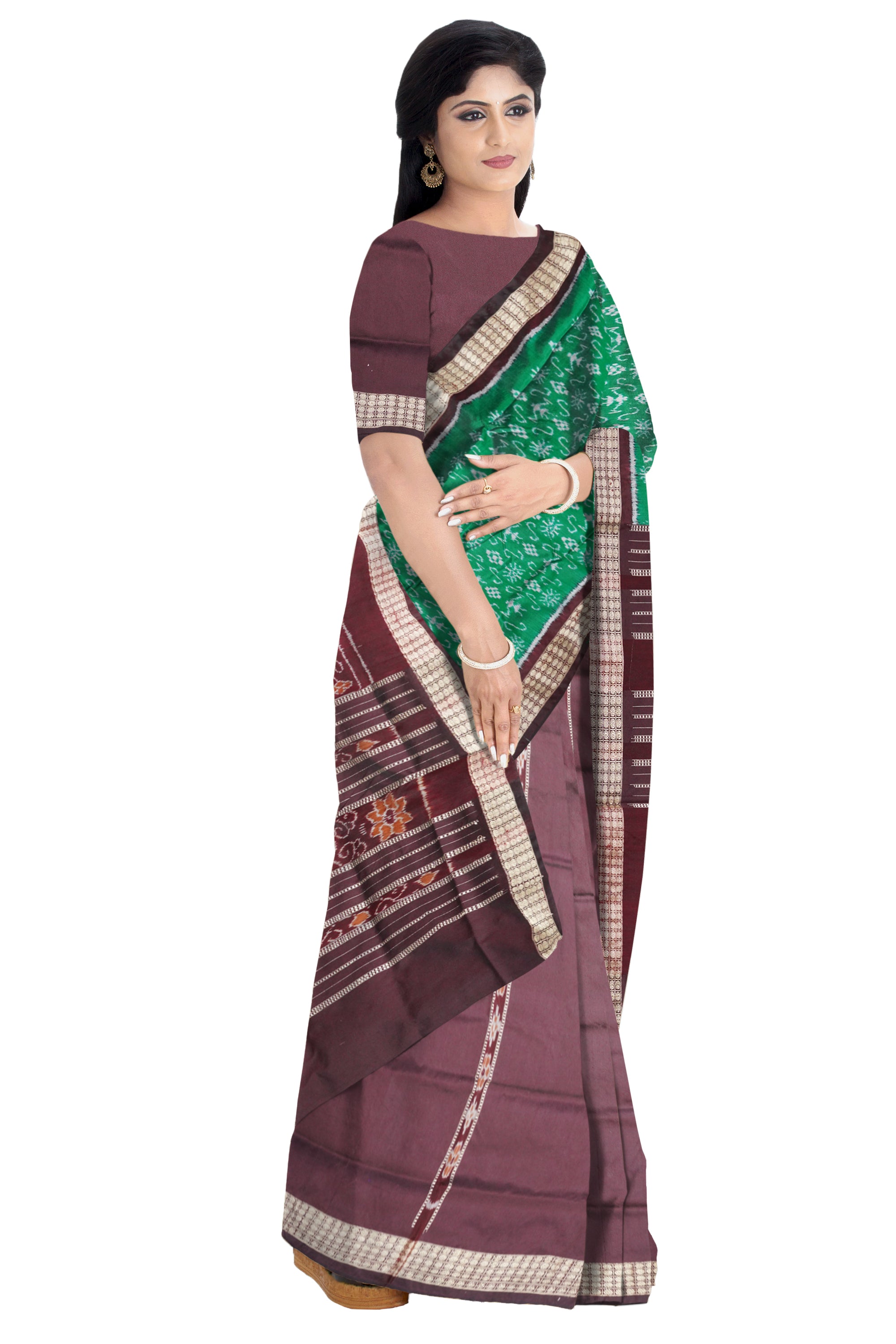 Green and coffee terracotta Sambalpuri patli pata saree, exquisite design. - Koshali Arts & Crafts Enterprise