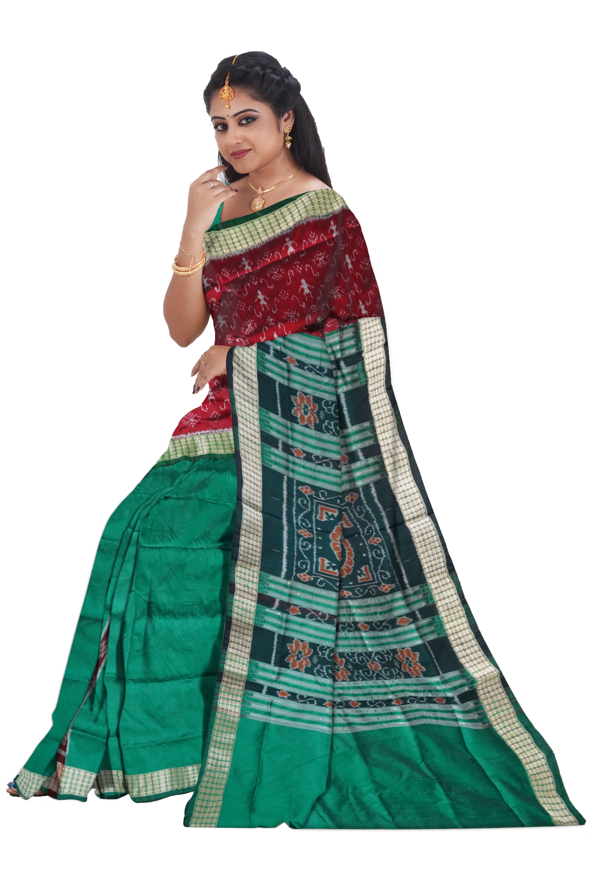 Maroon and Green color terracotta with flowers design half half patli pata saree with bandha pallu. - Koshali Arts & Crafts Enterprise