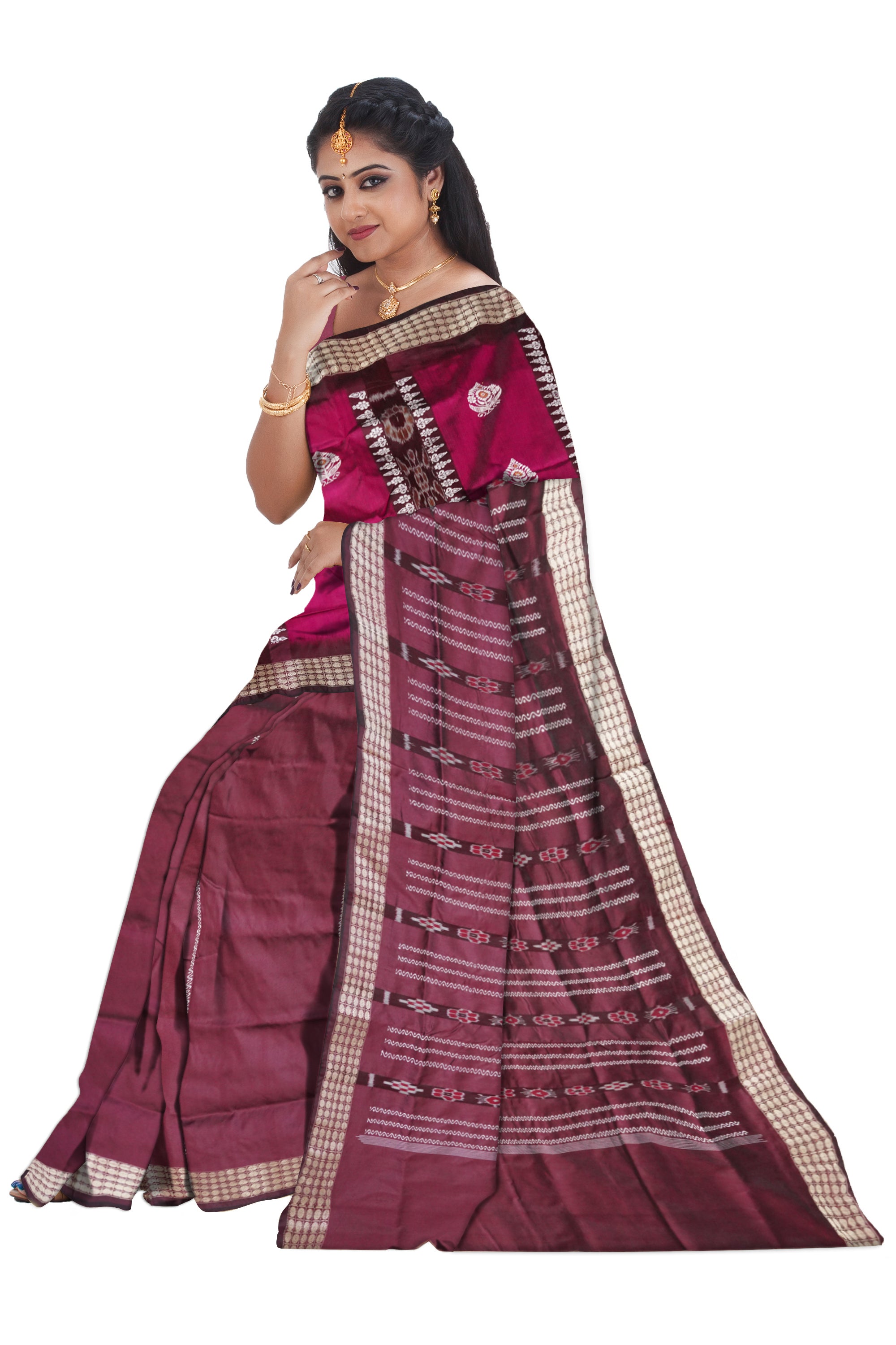 Rani pink and coffee bomkei patli pata saree, pasapali pallu. - Koshali Arts & Crafts Enterprise