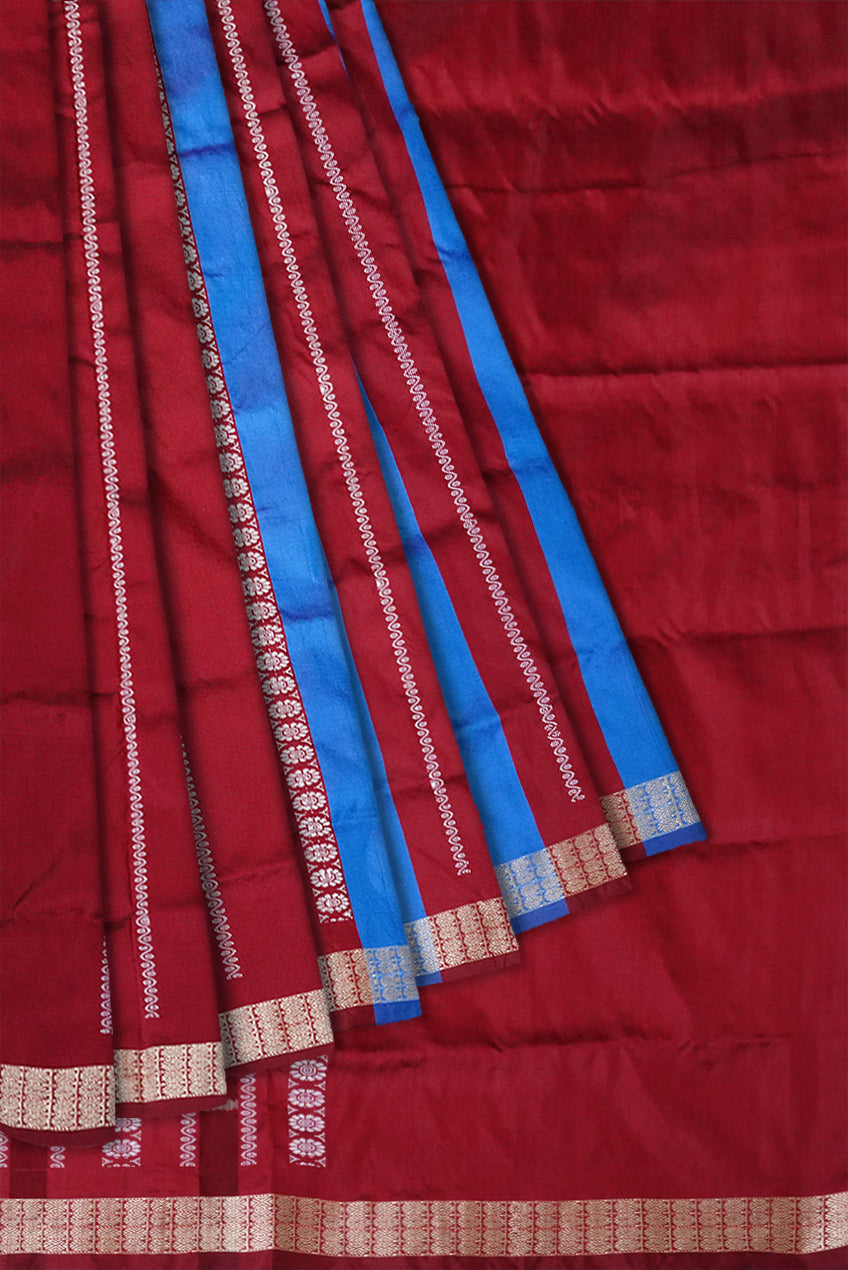 Sky blue and maroon patli saree, bandha pallu, traditional kalash with flowers design. - Koshali Arts & Crafts Enterprise