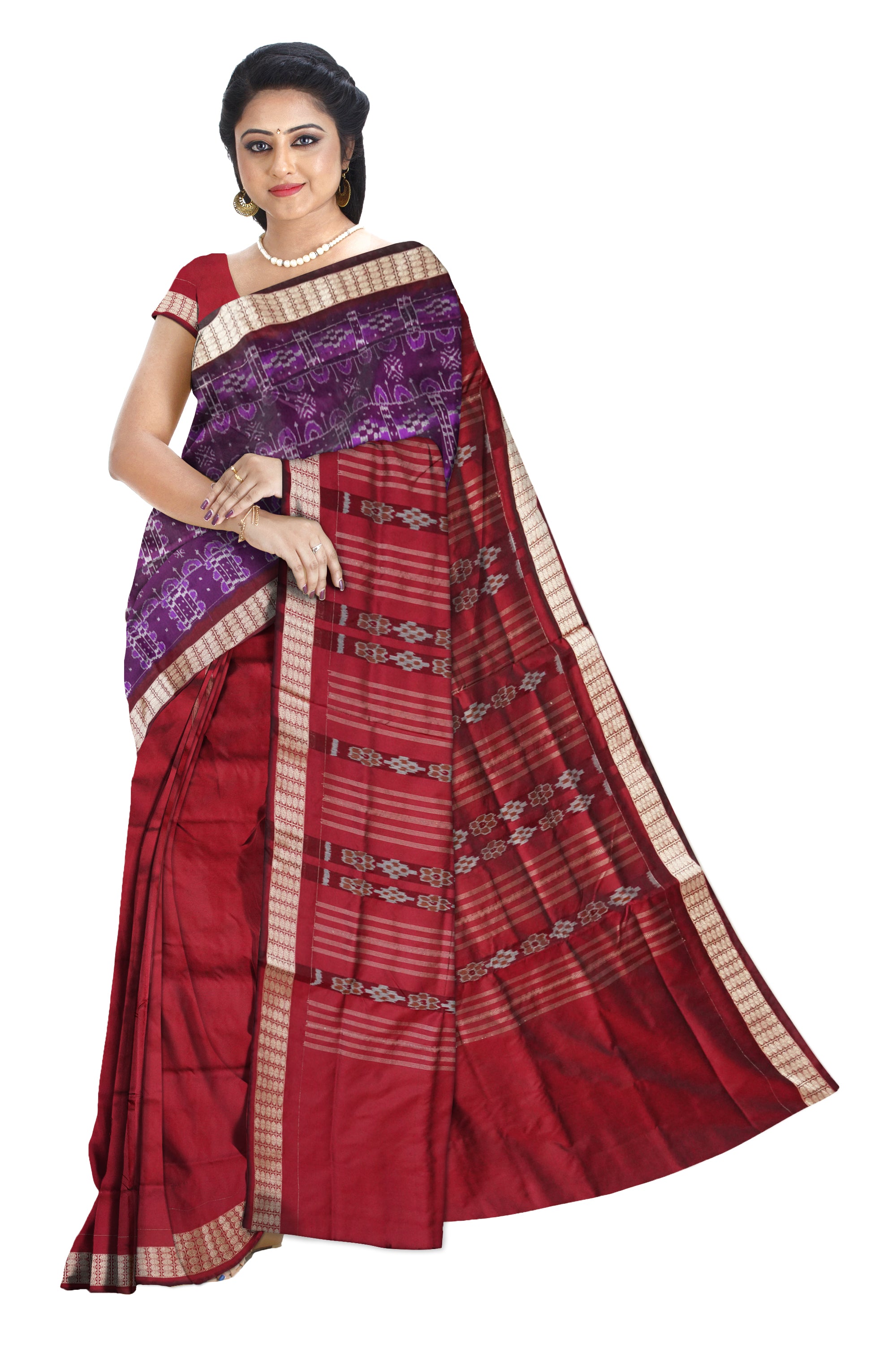 Purple and Maroon Pasapali pattern patli pata saree, matching blouse. - Koshali Arts & Crafts Enterprise