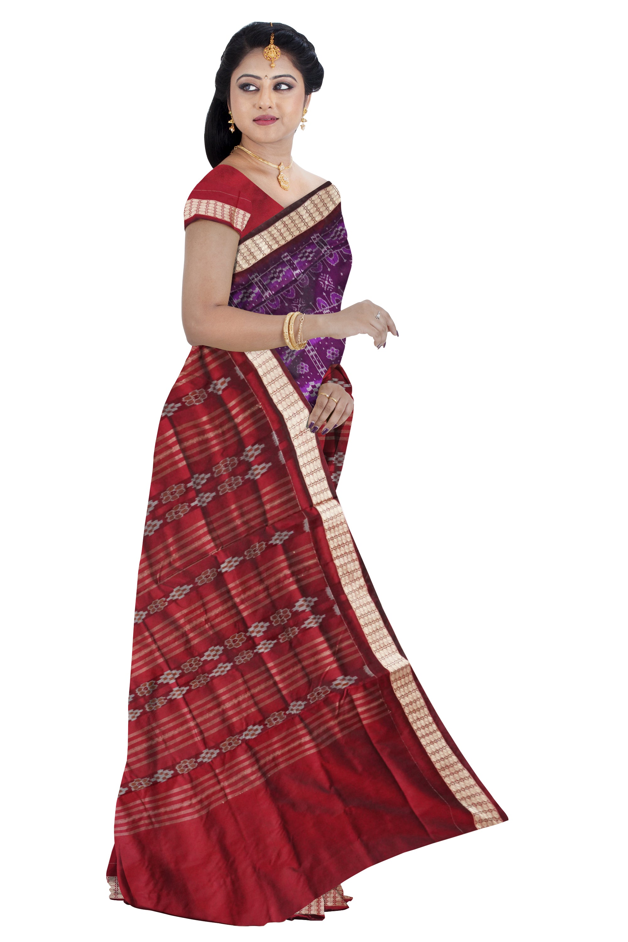 Purple and Maroon Pasapali pattern patli pata saree, matching blouse. - Koshali Arts & Crafts Enterprise