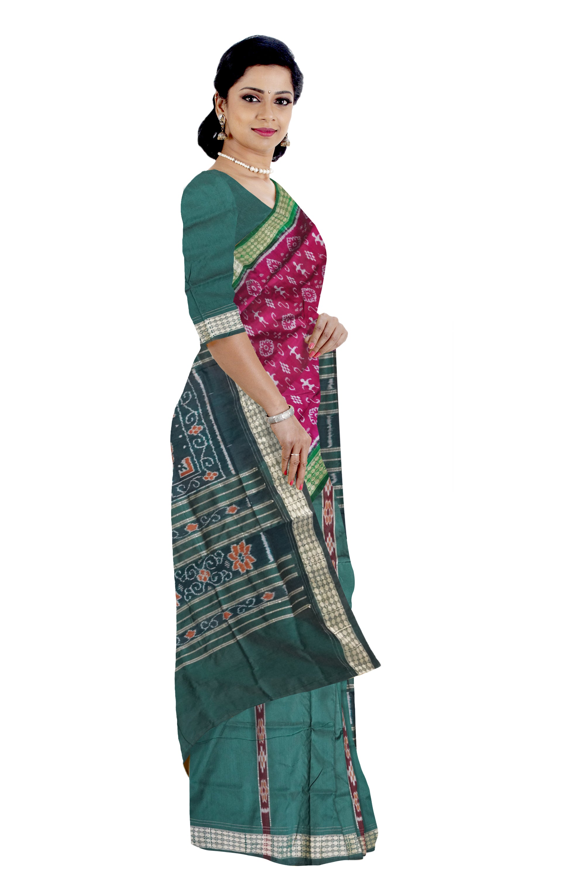 Pink and green terracotta patli Sambalpuri saree, versatile for all occasions. - Koshali Arts & Crafts Enterprise