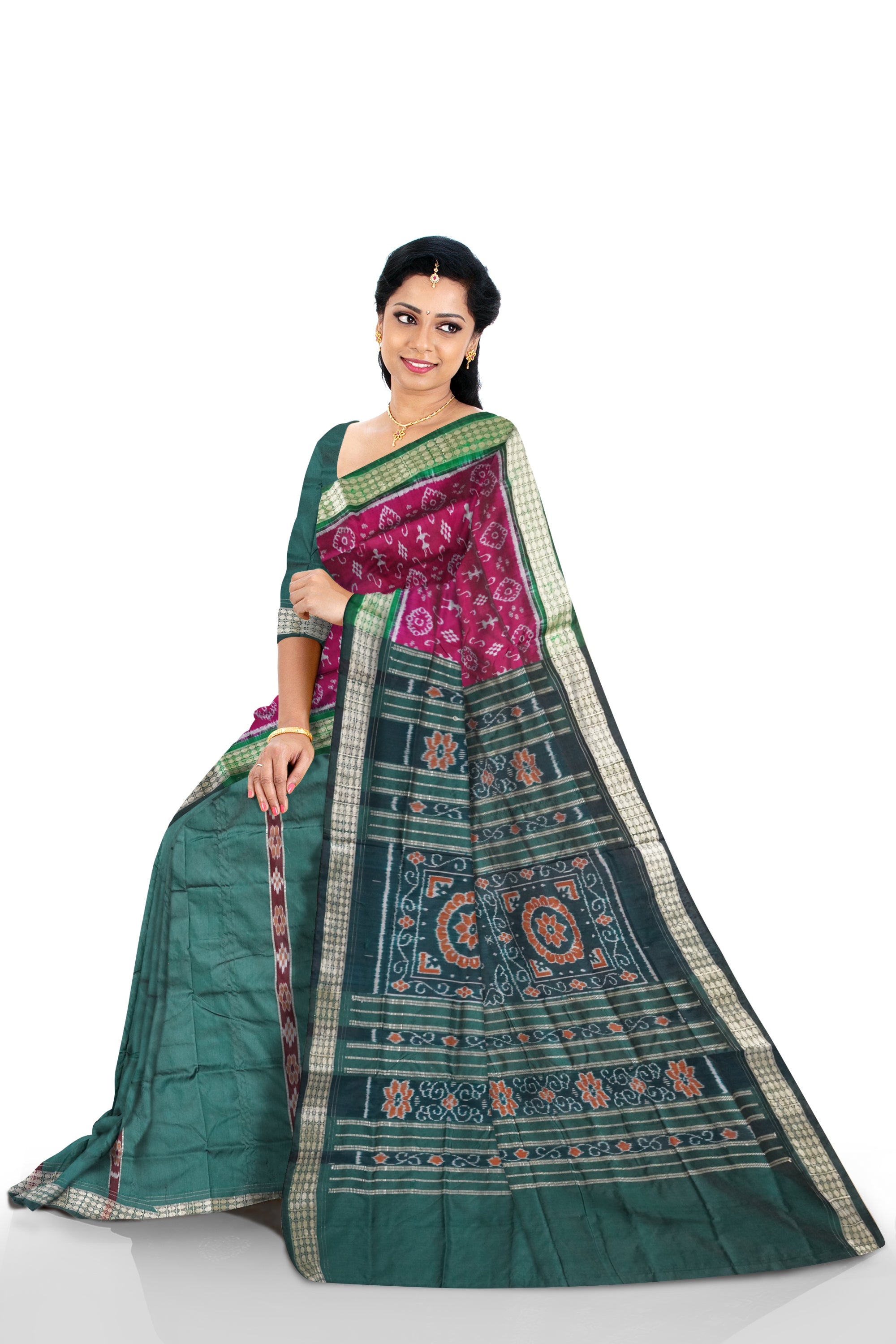 Pink and green terracotta patli Sambalpuri saree, versatile for all occasions. - Koshali Arts & Crafts Enterprise