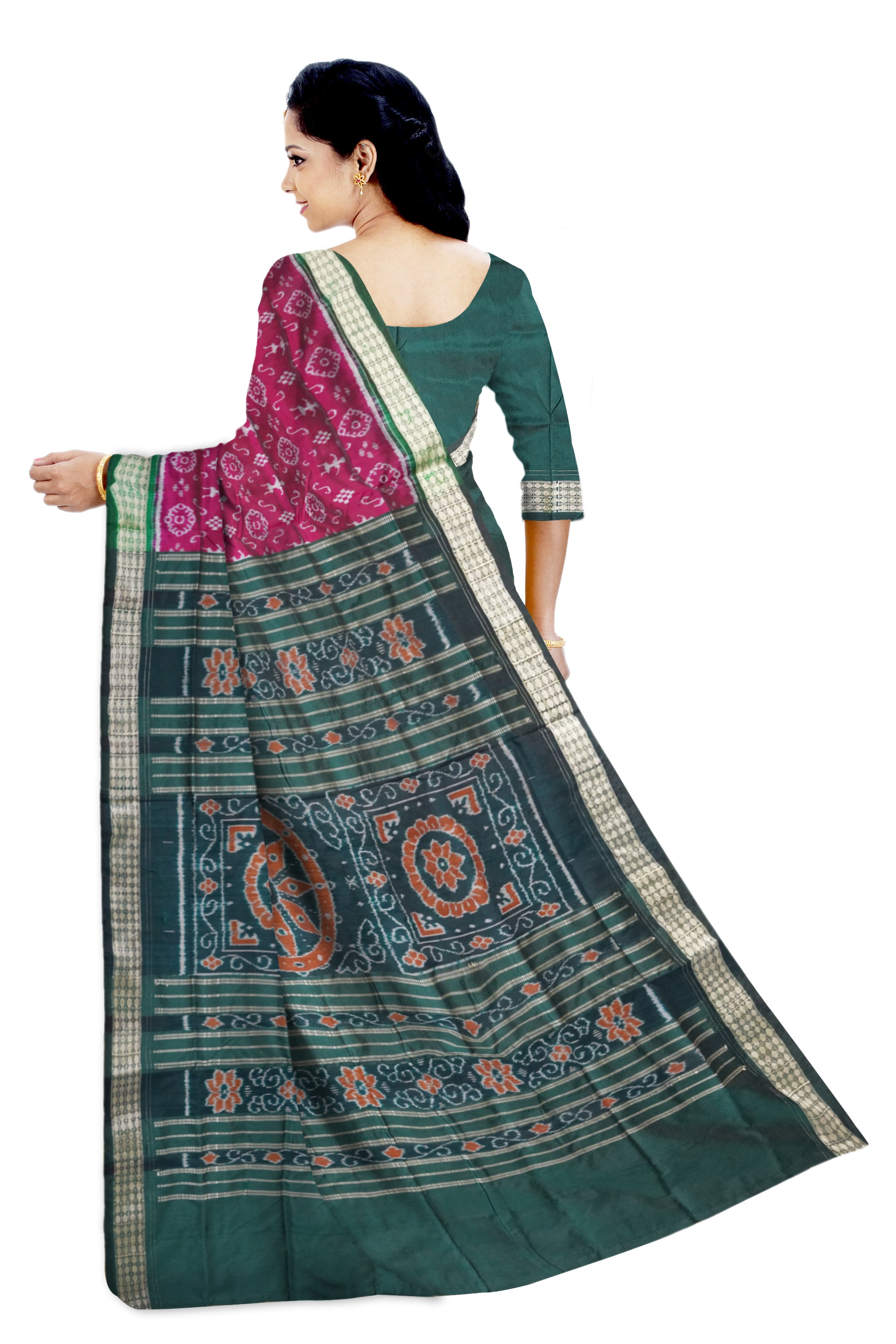 Pink and green terracotta patli Sambalpuri saree, versatile for all occasions. - Koshali Arts & Crafts Enterprise