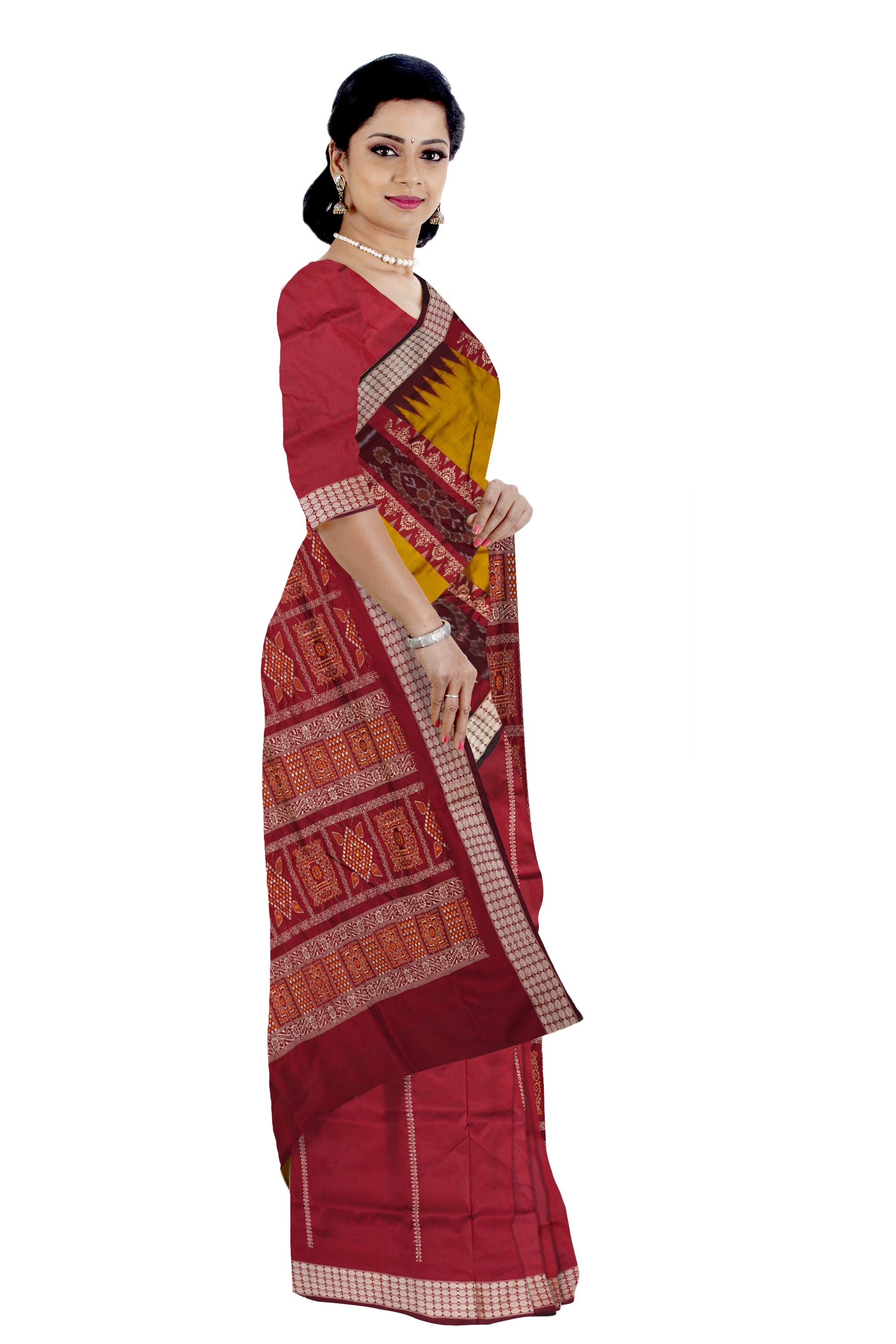 Yellow and Maroon Bomkei pallu Sambalpuri patli pata saree. - Koshali Arts & Crafts Enterprise