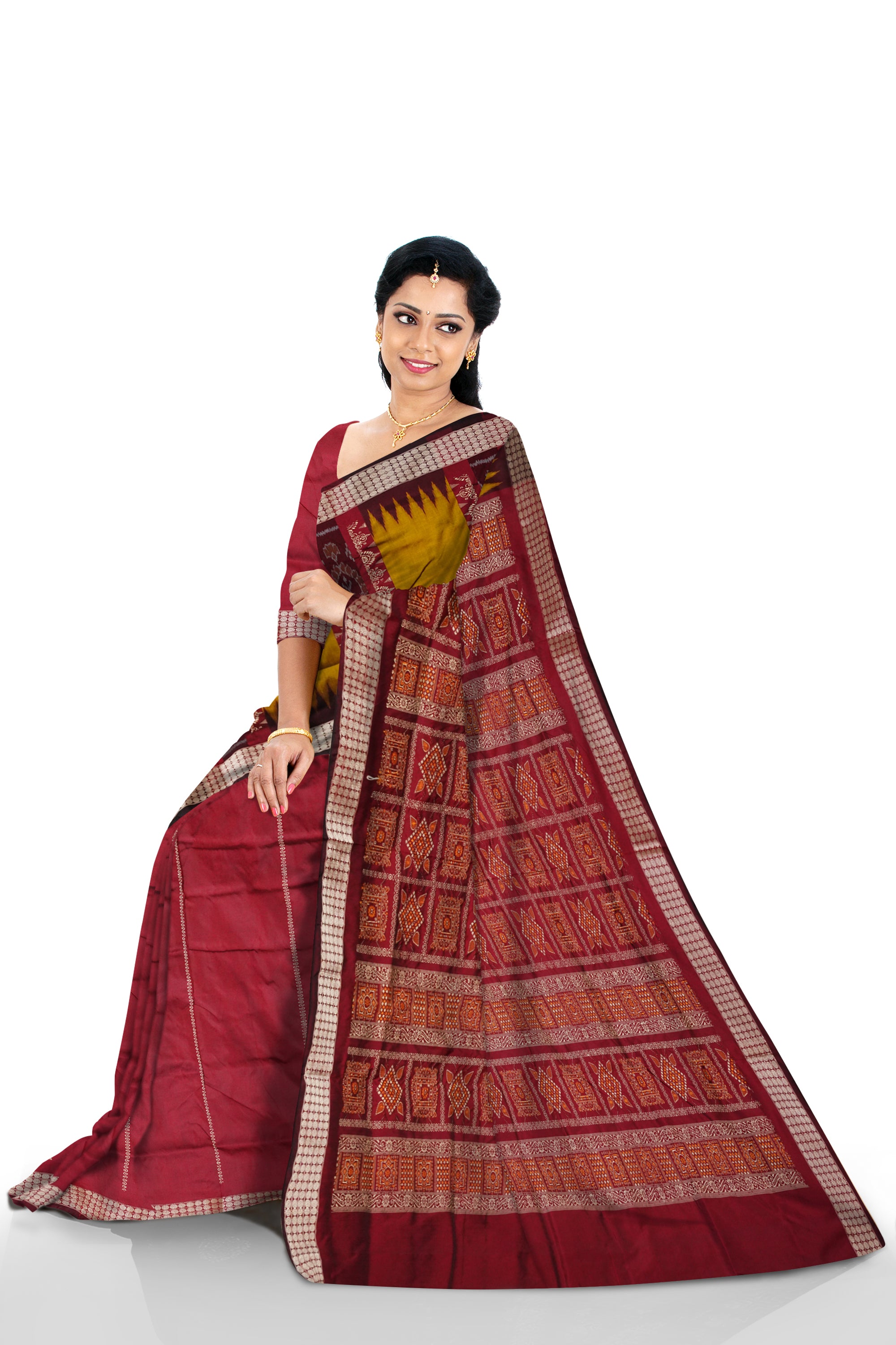 Yellow and Maroon Bomkei pallu Sambalpuri patli pata saree. - Koshali Arts & Crafts Enterprise