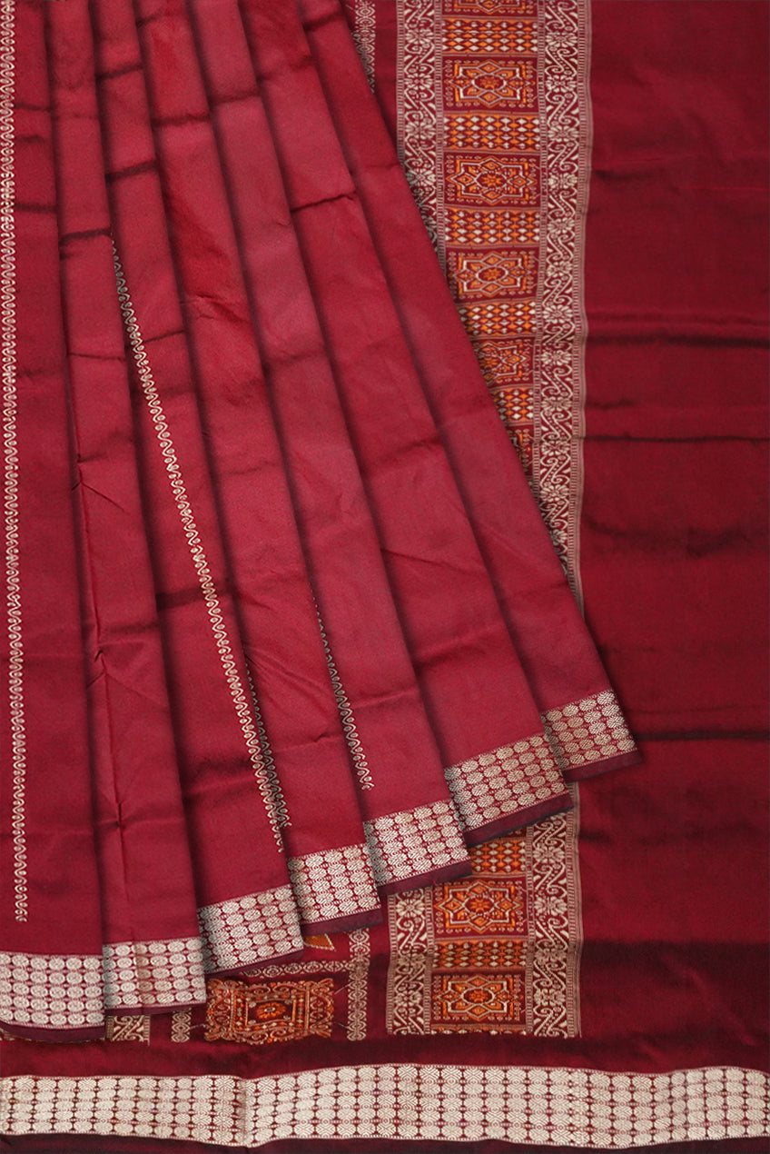 Yellow and Maroon Bomkei pallu Sambalpuri patli pata saree. - Koshali Arts & Crafts Enterprise