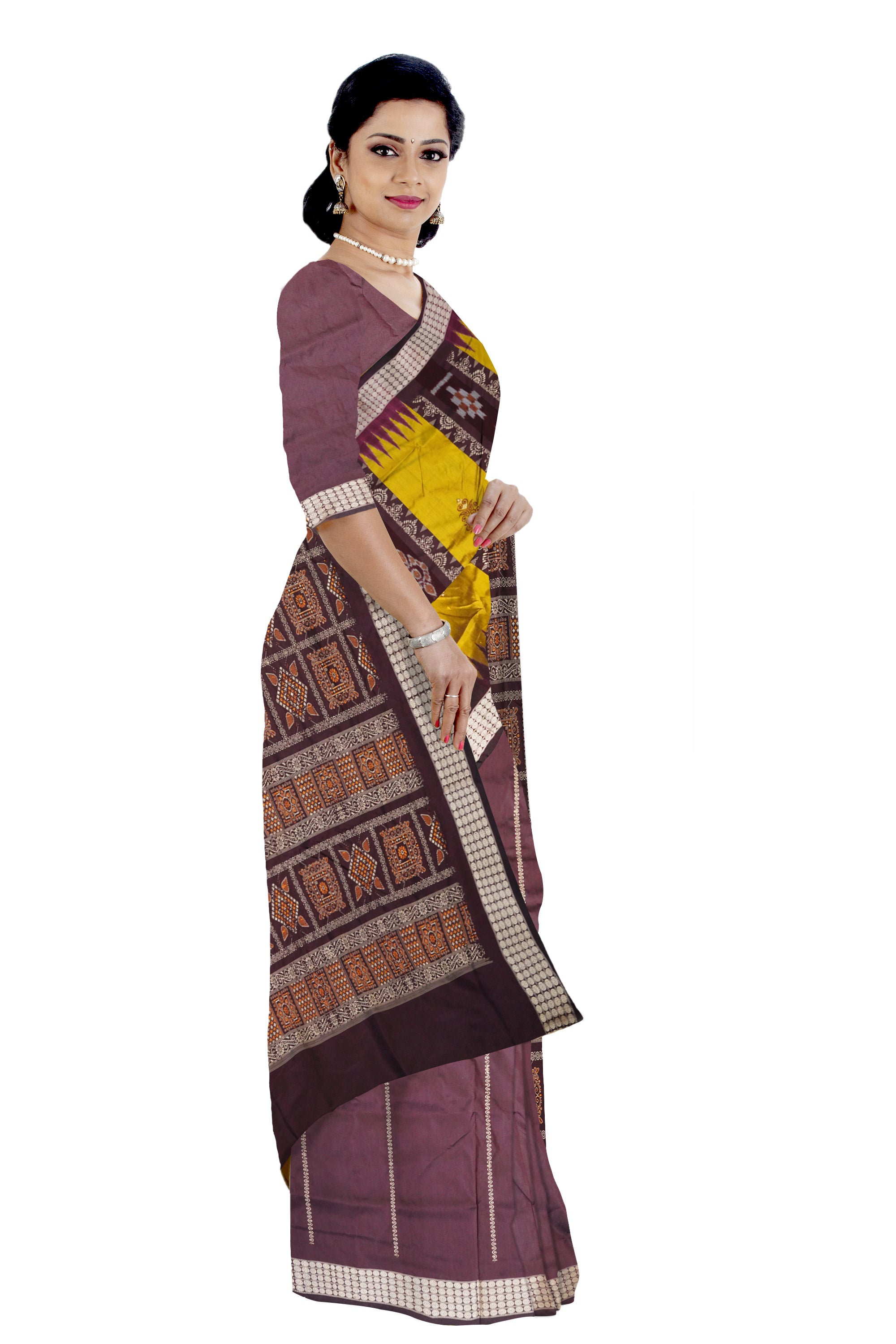 Yellow and coffee Pasapali with Bomkei pattern Sambalpuri pata saree. - Koshali Arts & Crafts Enterprise