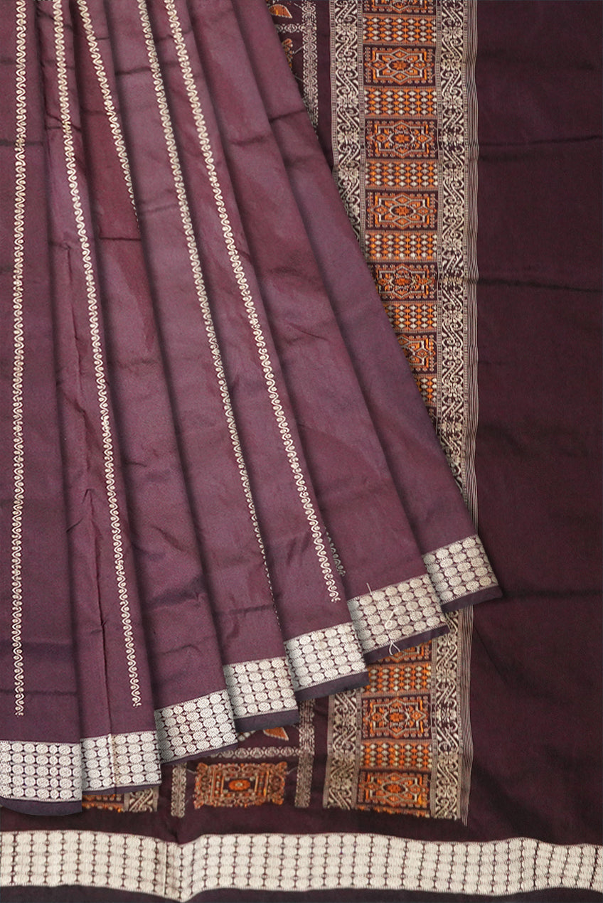 Yellow and coffee Pasapali with Bomkei pattern Sambalpuri pata saree. - Koshali Arts & Crafts Enterprise