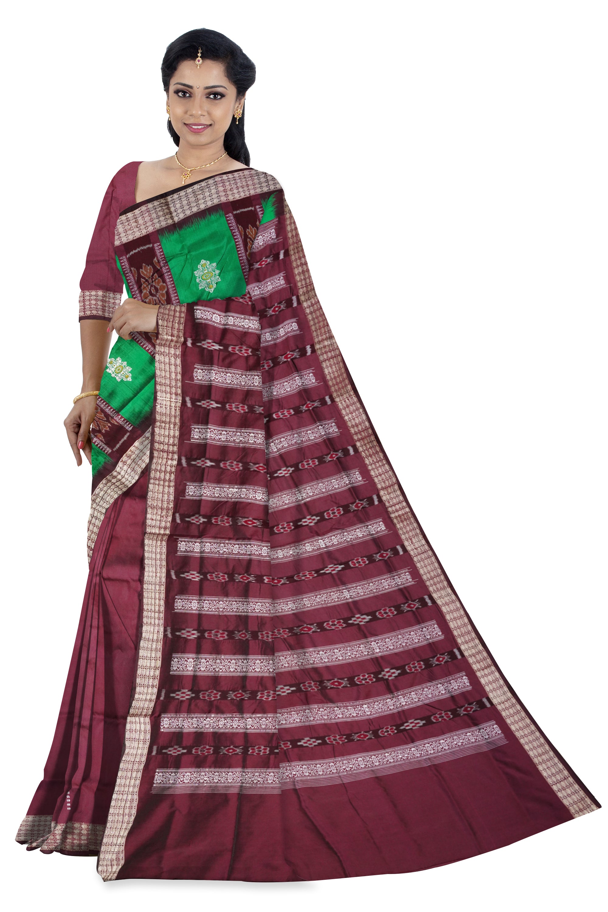 Green and coffee Pasapali with flowers pattern Bomkei saree, bandha pallu. - Koshali Arts & Crafts Enterprise