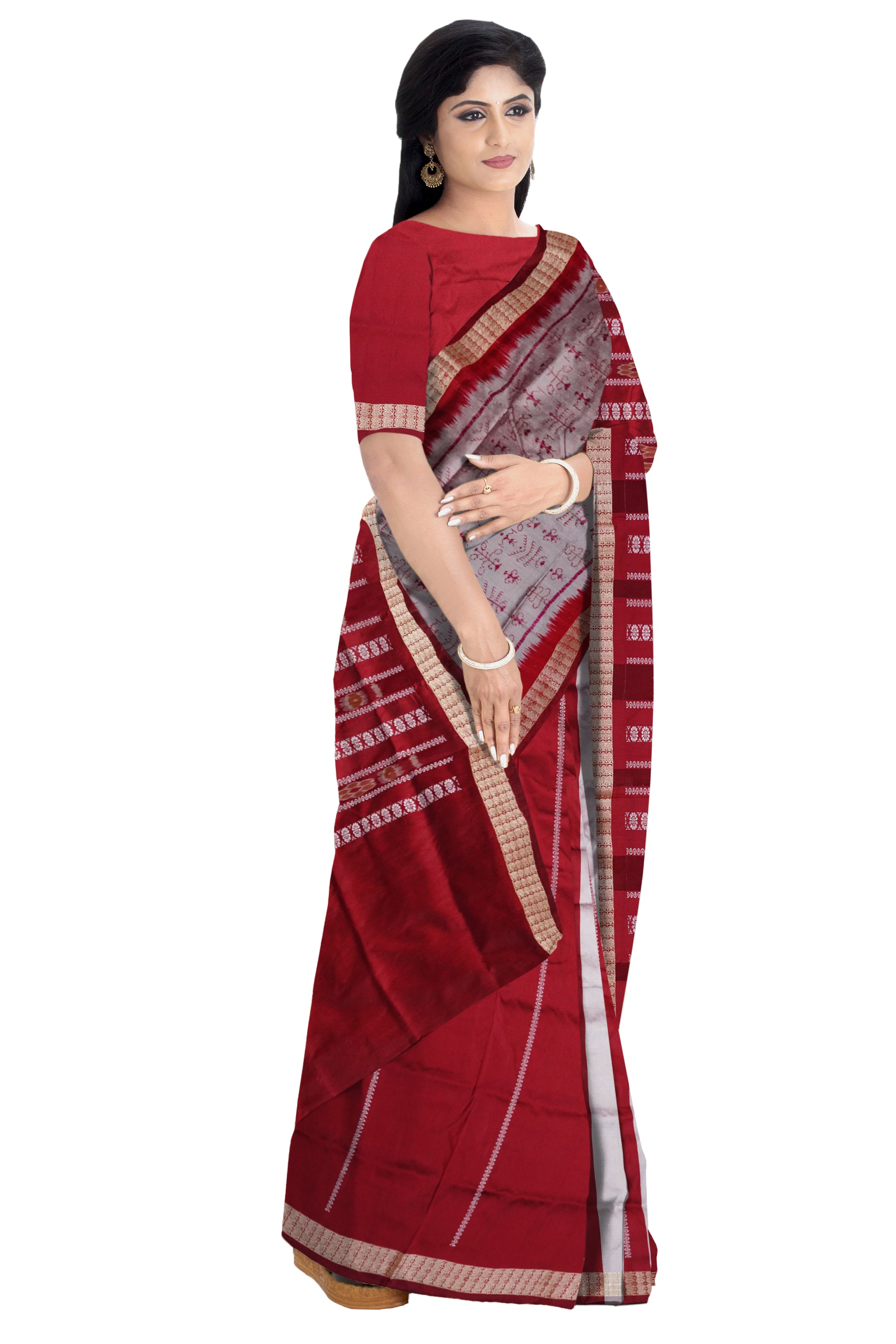 Latest silver and maroon terracotta patli pata saree with bandha pattern pallu design, a stunning addition to your wardrobe. - Koshali Arts & Crafts Enterprise