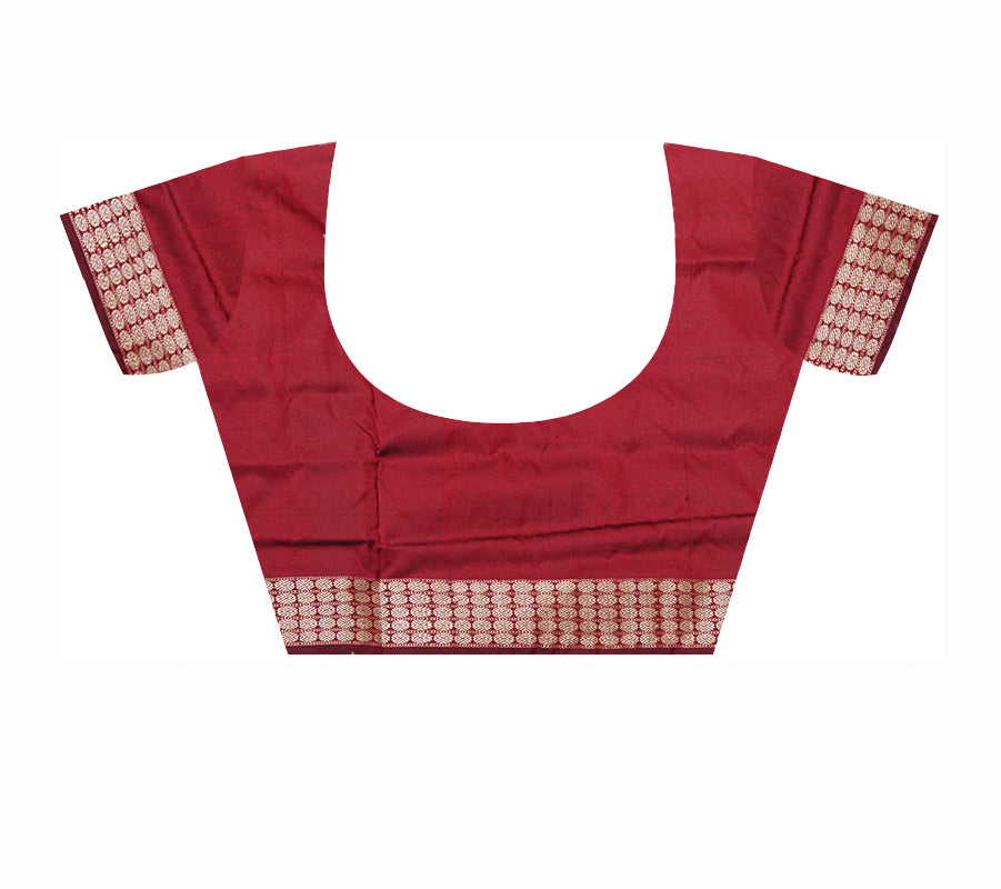 Light pink and maroon patli design pata saree features bandha with bomkei pattern, bordered by rudraksha with kumbha motif. - Koshali Arts & Crafts Enterprise