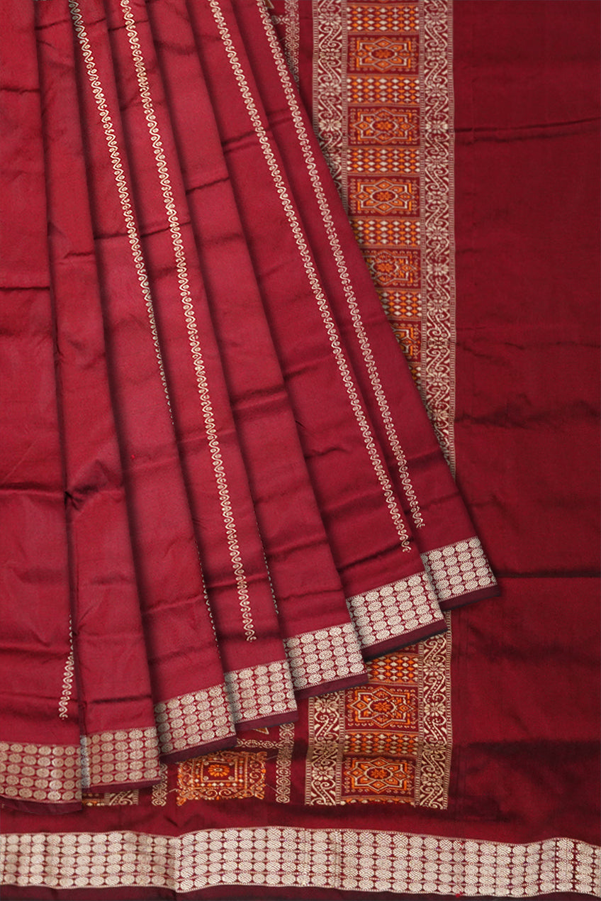 Light pink and maroon patli design pata saree features bandha with bomkei pattern, bordered by rudraksha with kumbha motif. - Koshali Arts & Crafts Enterprise