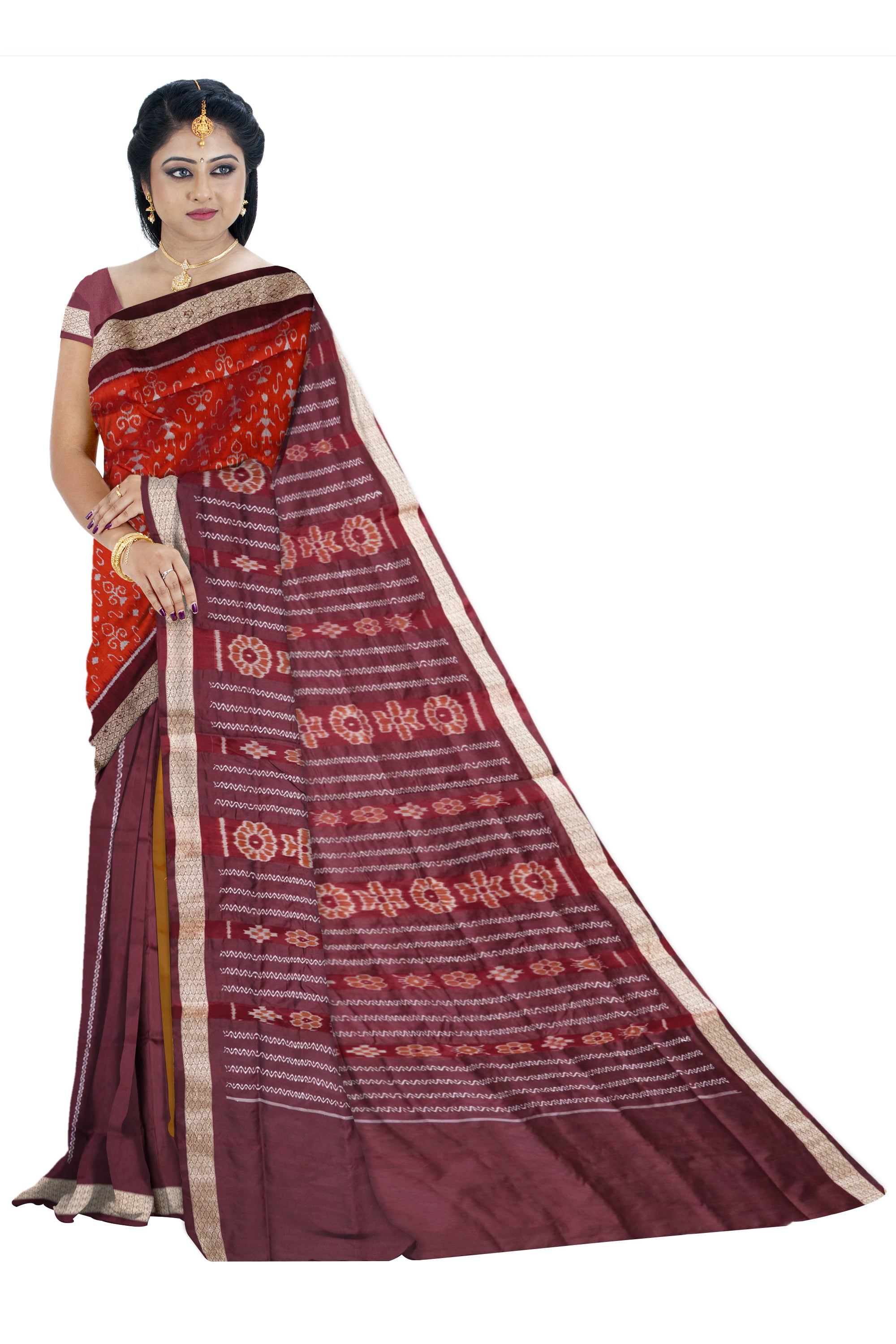 Orange and Maroon terracotta body with bandha pallu design patli pata saree, a vibrant blend of tradition and elegance. - Koshali Arts & Crafts Enterprise