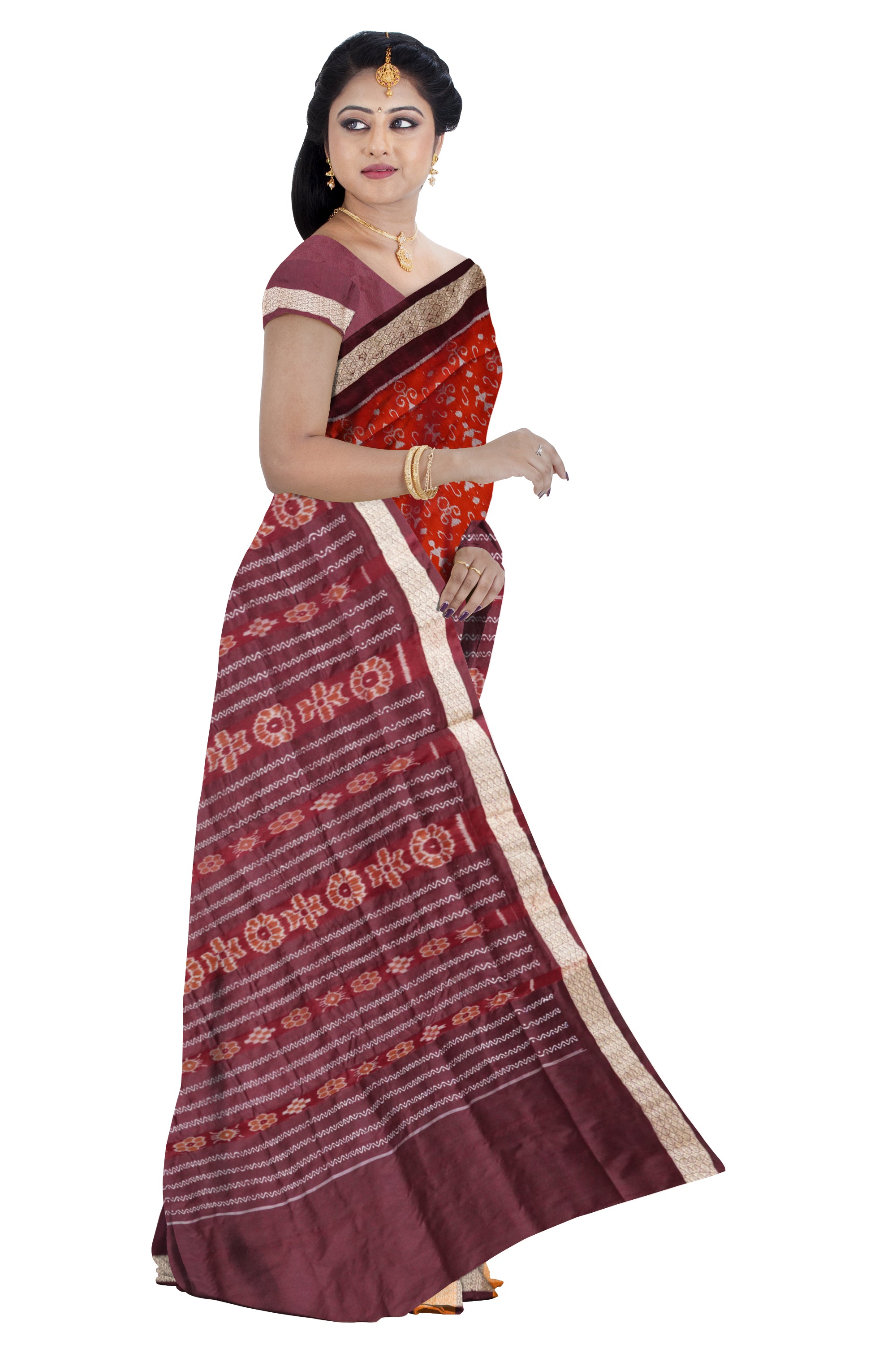 Orange and Maroon terracotta body with bandha pallu design patli pata saree, a vibrant blend of tradition and elegance. - Koshali Arts & Crafts Enterprise