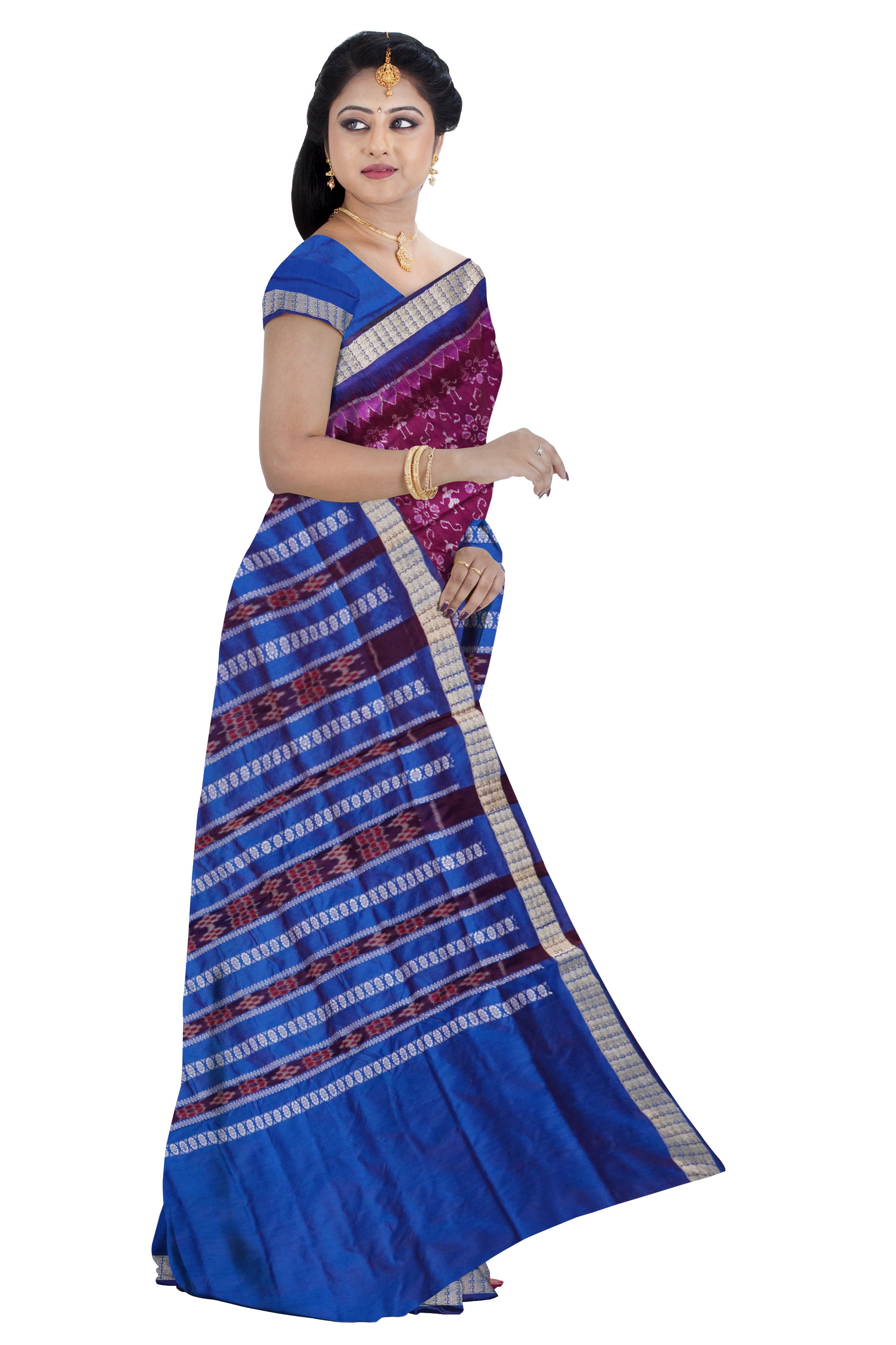 Purple and Blue terracotta patli pata saree with floral pattern, includes matching blouse for a coordinated ensemble. - Koshali Arts & Crafts Enterprise