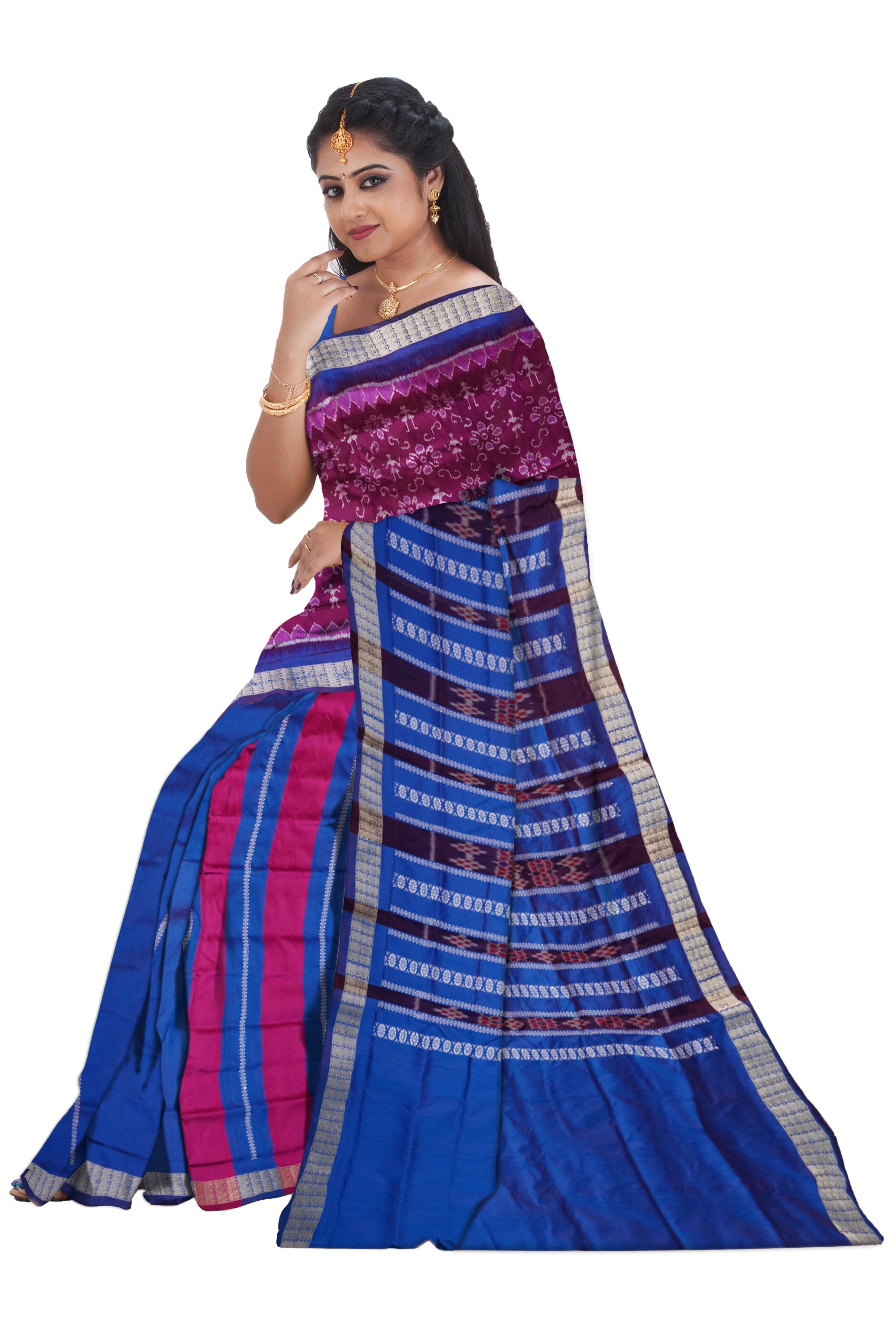 Purple and Blue terracotta patli pata saree with floral pattern, includes matching blouse for a coordinated ensemble. - Koshali Arts & Crafts Enterprise