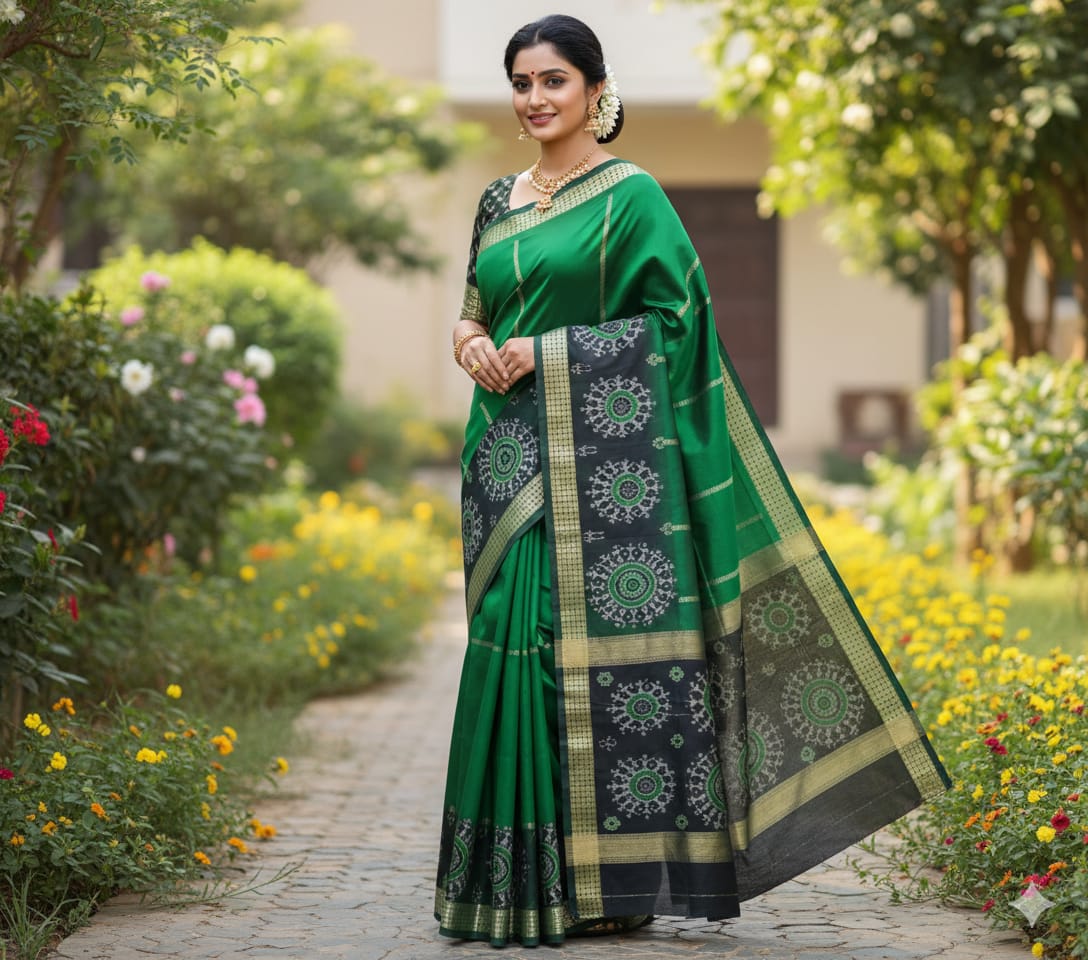 Emerald green silk, adorned with black and green circular ikat motifs.