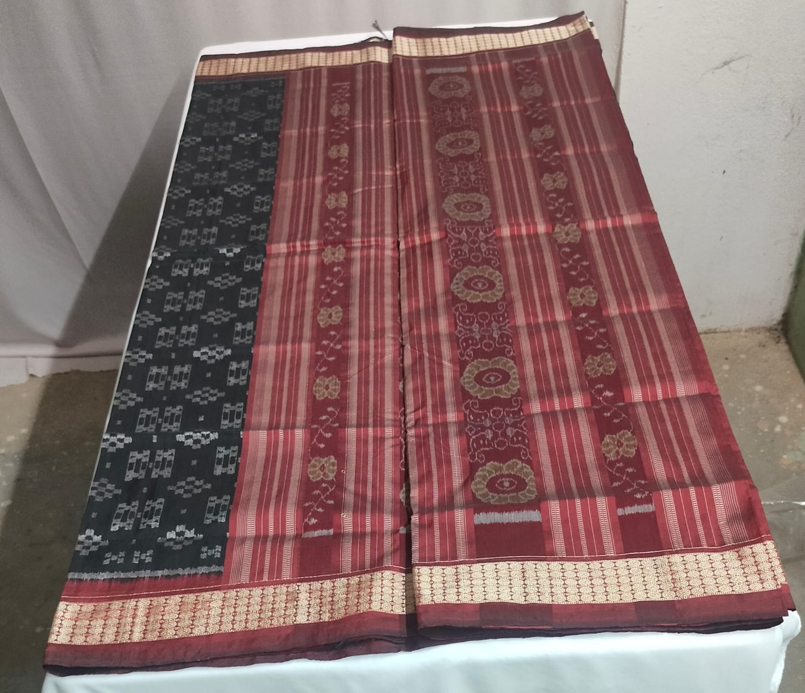 Festive Maroon & Black Sambalpuri Pata Saree