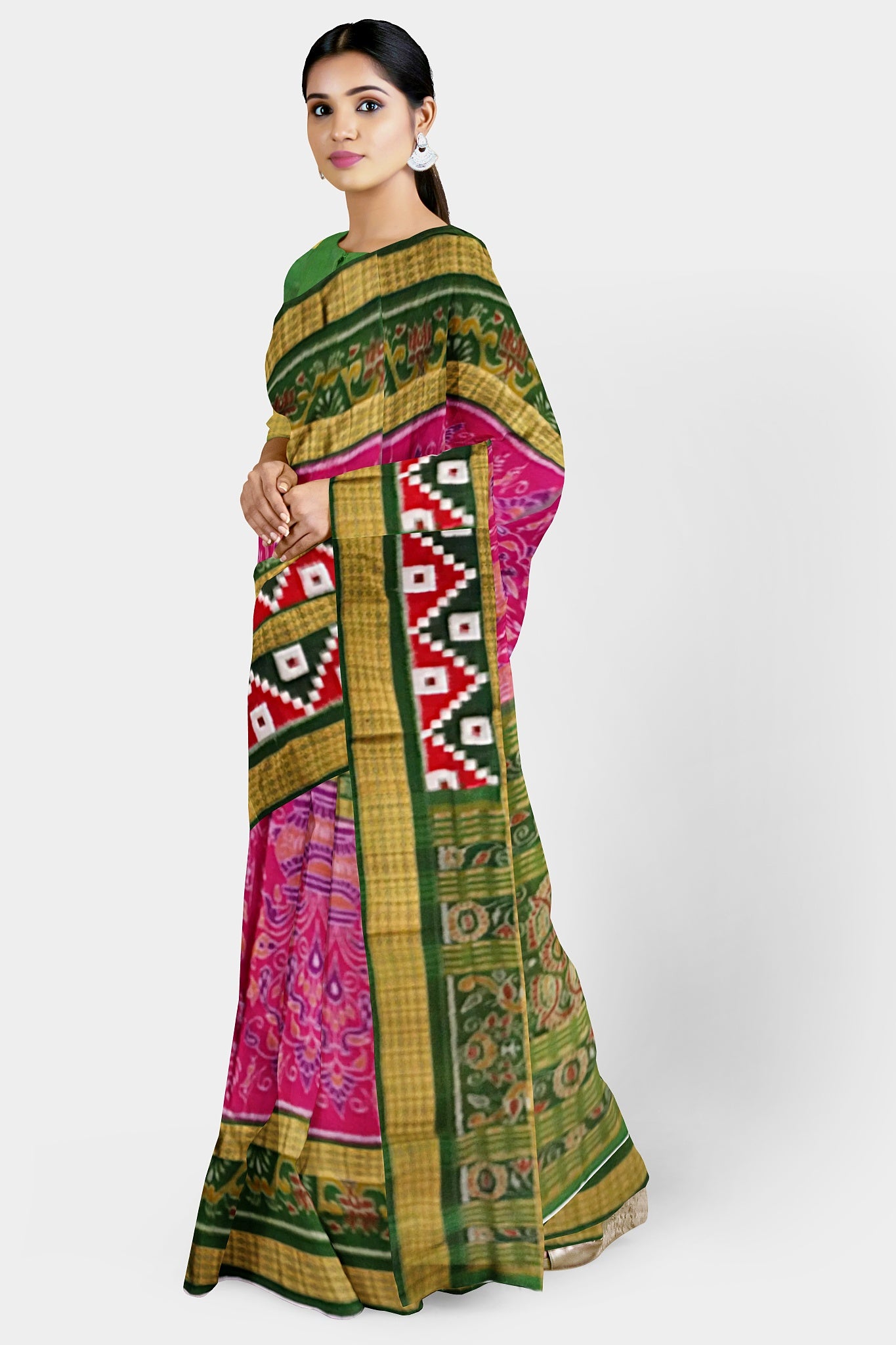 Pink and dark green Sambalpuri cotton saree features a body with kalash, peacock, and little man patterns, while the pallu showcases floral designs.