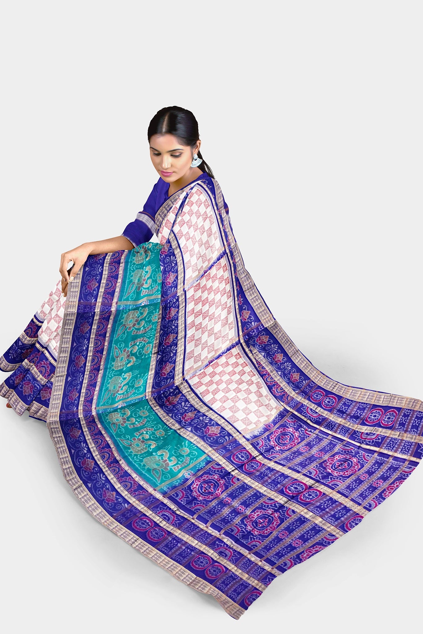 Peach and blue Sambalpuri cotton saree with duck and flower body pattern, complemented by a big flower design on the pallu.