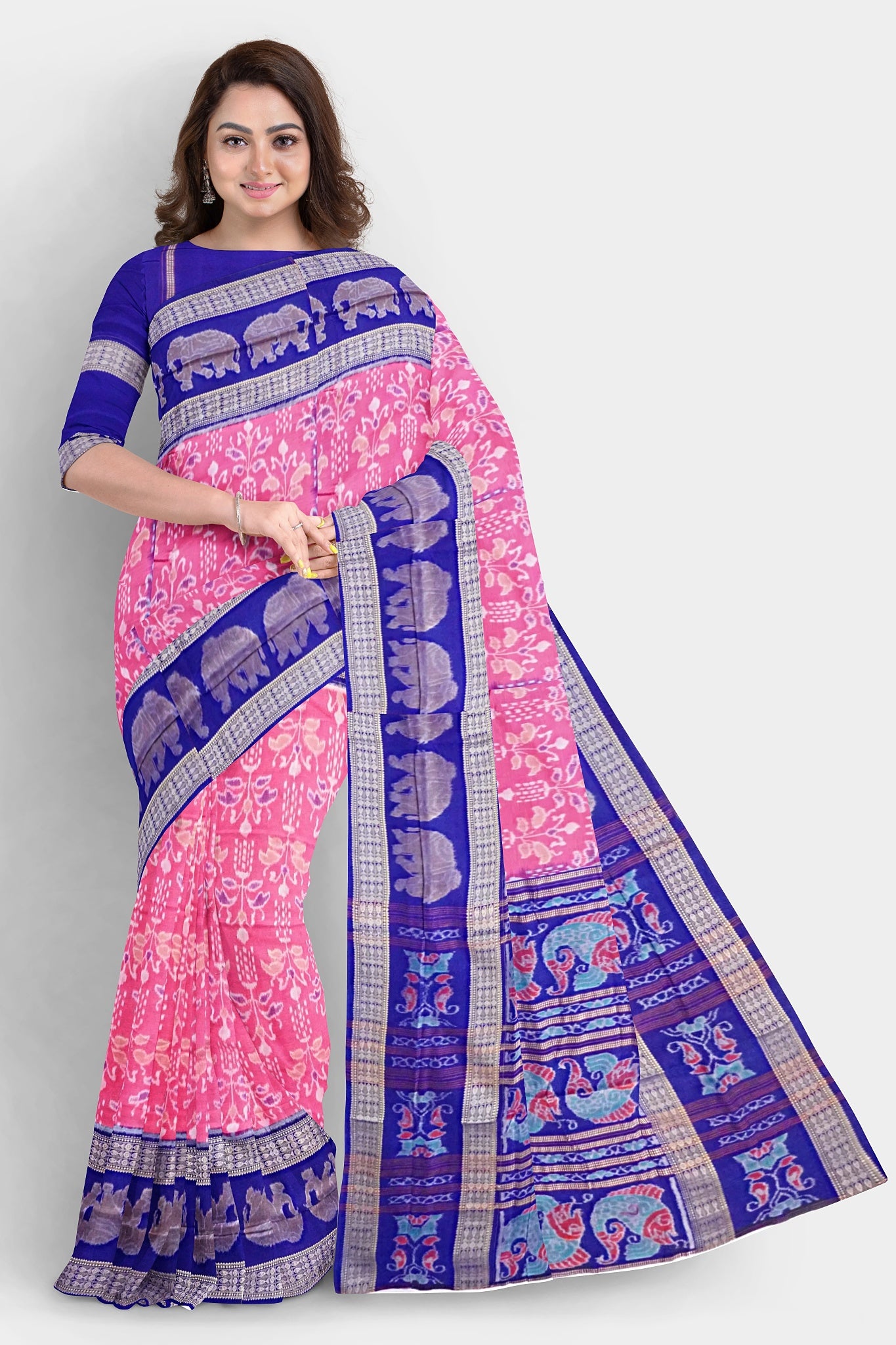Taffy and blue Sambalpuri saree featuring an elegant elephant and flower body pattern, with a pallu design showcasing intricate fish motifs.