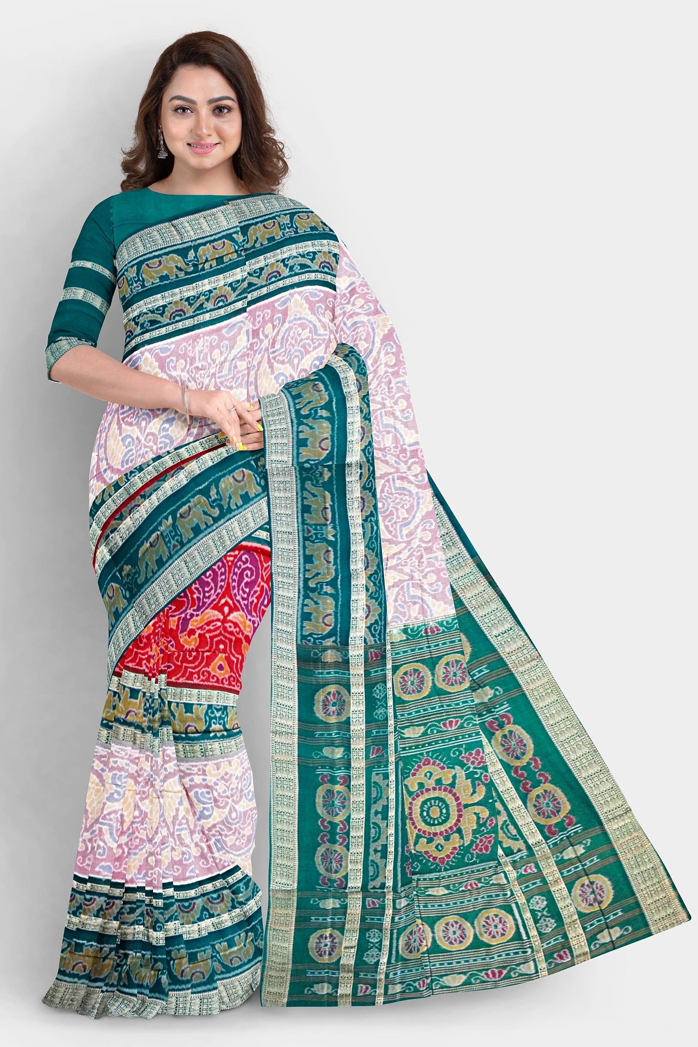 Peach, red, and dark green Sambalpuri cotton saree with body patterns of elephants, peacocks, kalash, and a pallu adorned with big and small flowers.