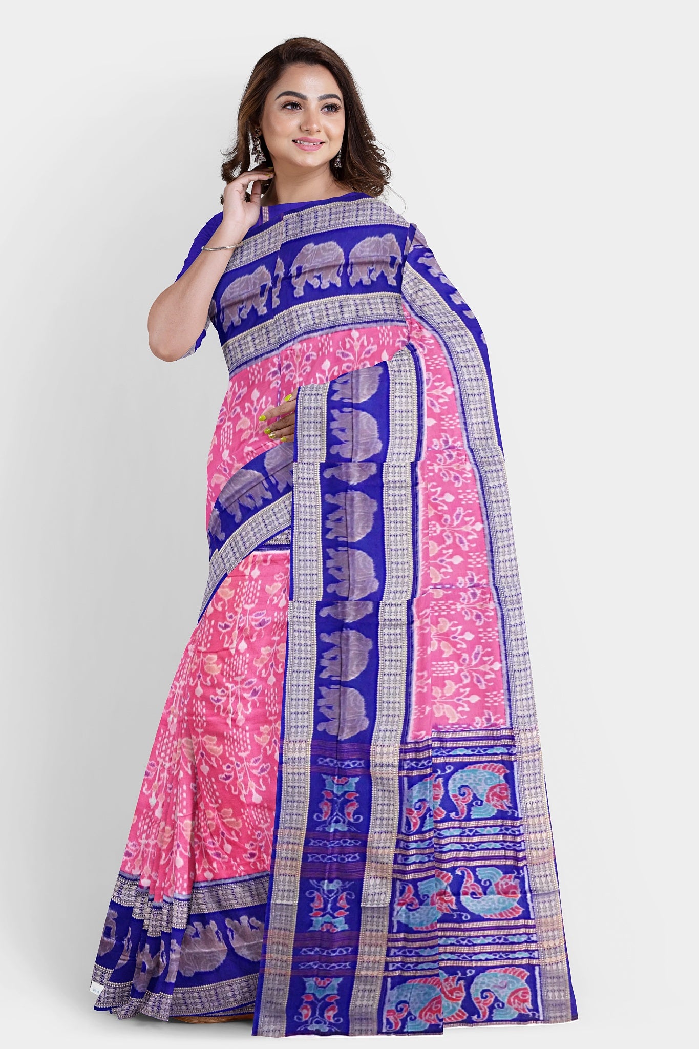 Taffy and blue Sambalpuri saree featuring an elegant elephant and flower body pattern, with a pallu design showcasing intricate fish motifs.