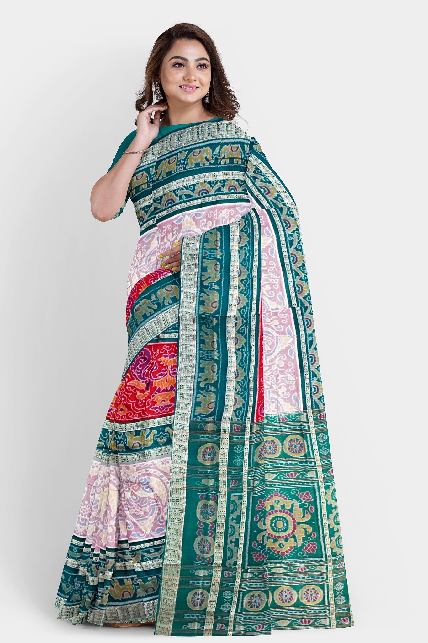 Peach, red, and dark green Sambalpuri cotton saree with body patterns of elephants, peacocks, kalash, and a pallu adorned with big and small flowers.