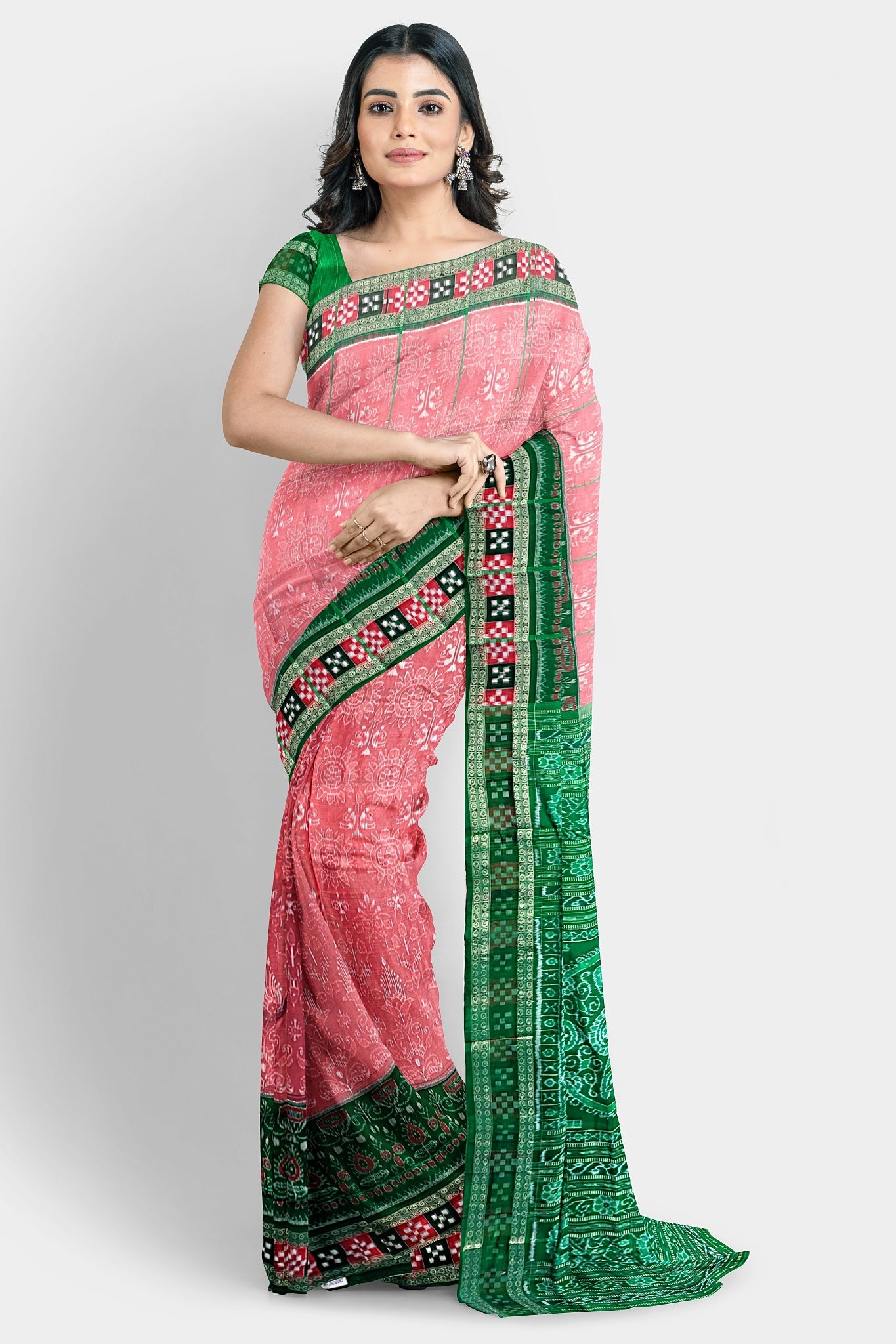 Pink and green pure Pata saree with jabardast floral body pattern and green pallu with three flowers.