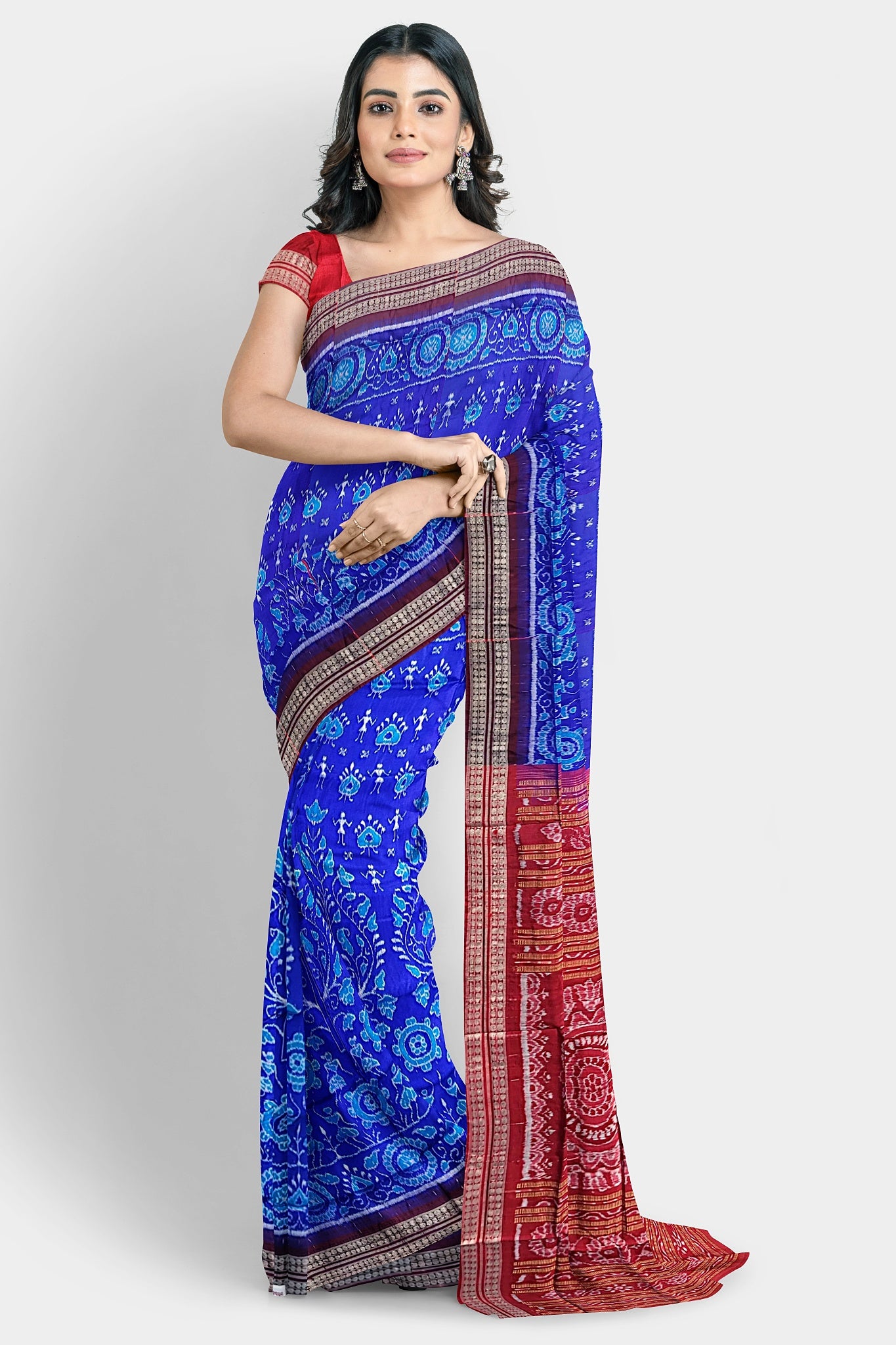 A blue and red pure Pata saree with small tree body pattern, terracotta designs, and pallu featuring three round flowers or vines.