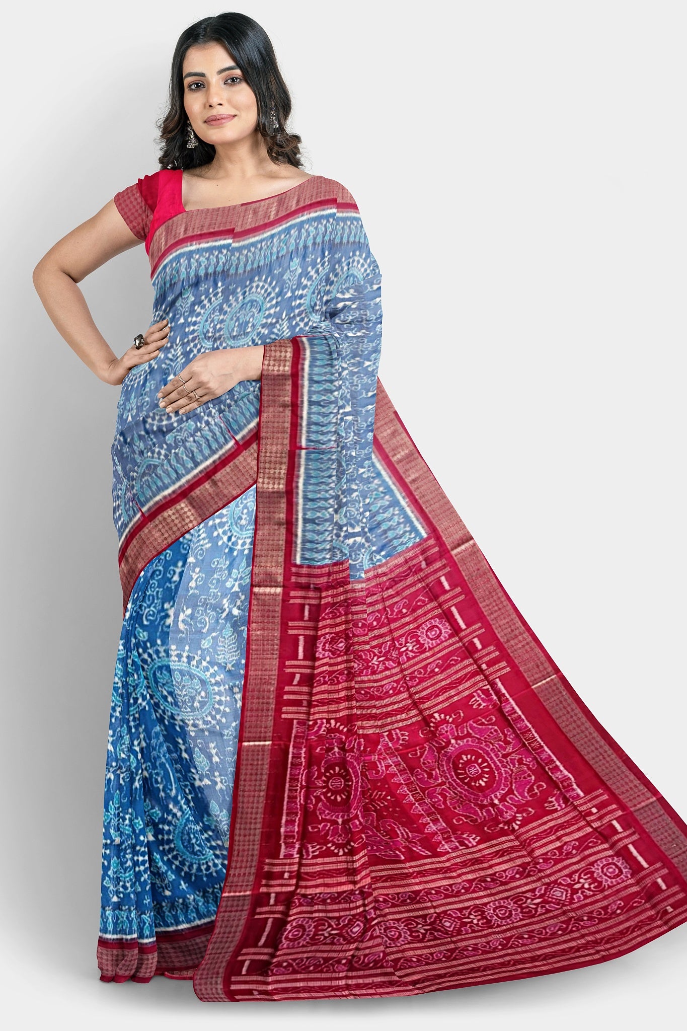 A sky blue and red shining pure Pata saree with terracotta small trees, big flowers, and pallu design featuring fish, vine, and bird.
