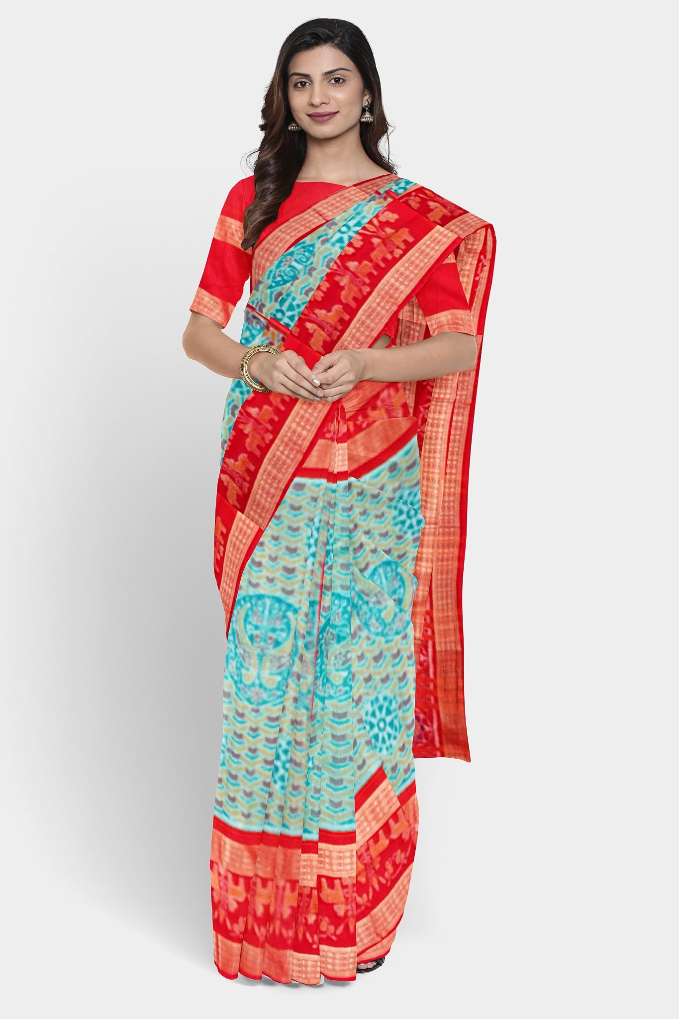 Sky blue and orange Sambalpuri cotton saree with a tree, deer, and peacock body pattern; the pallu features round floral designs.