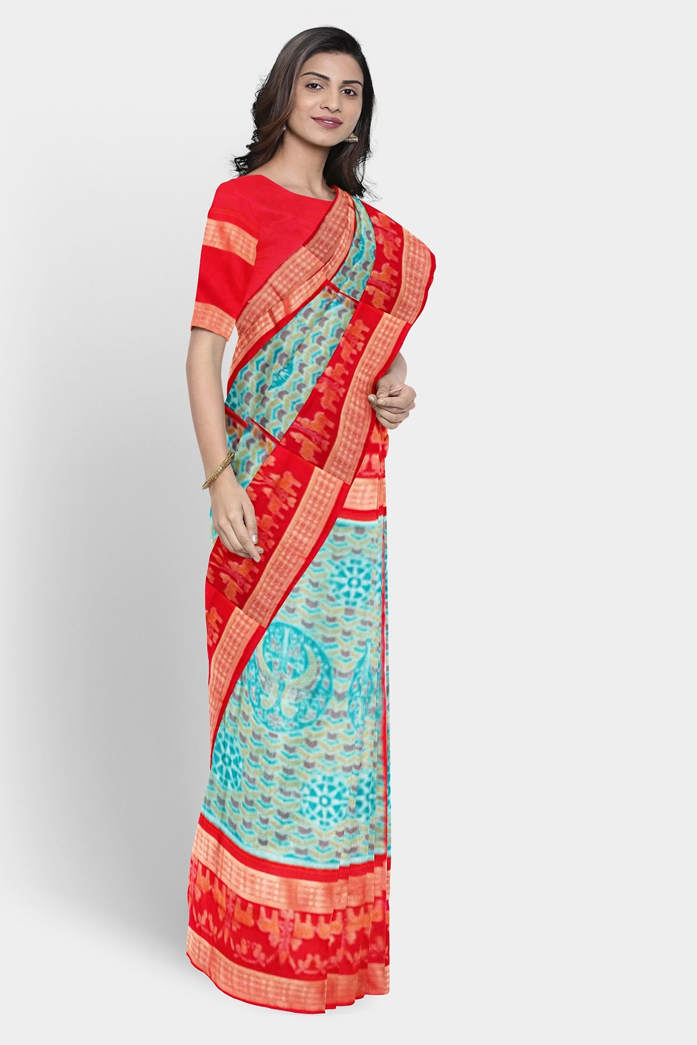 Sky blue and orange Sambalpuri cotton saree with a tree, deer, and peacock body pattern; the pallu features round floral designs.