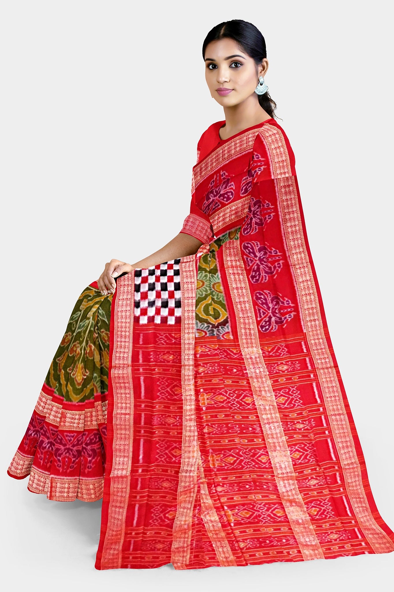 **Red and olive Sambalpuri saree with floral and Pasapali body patterns, and a pallu featuring Patili design motifs.**