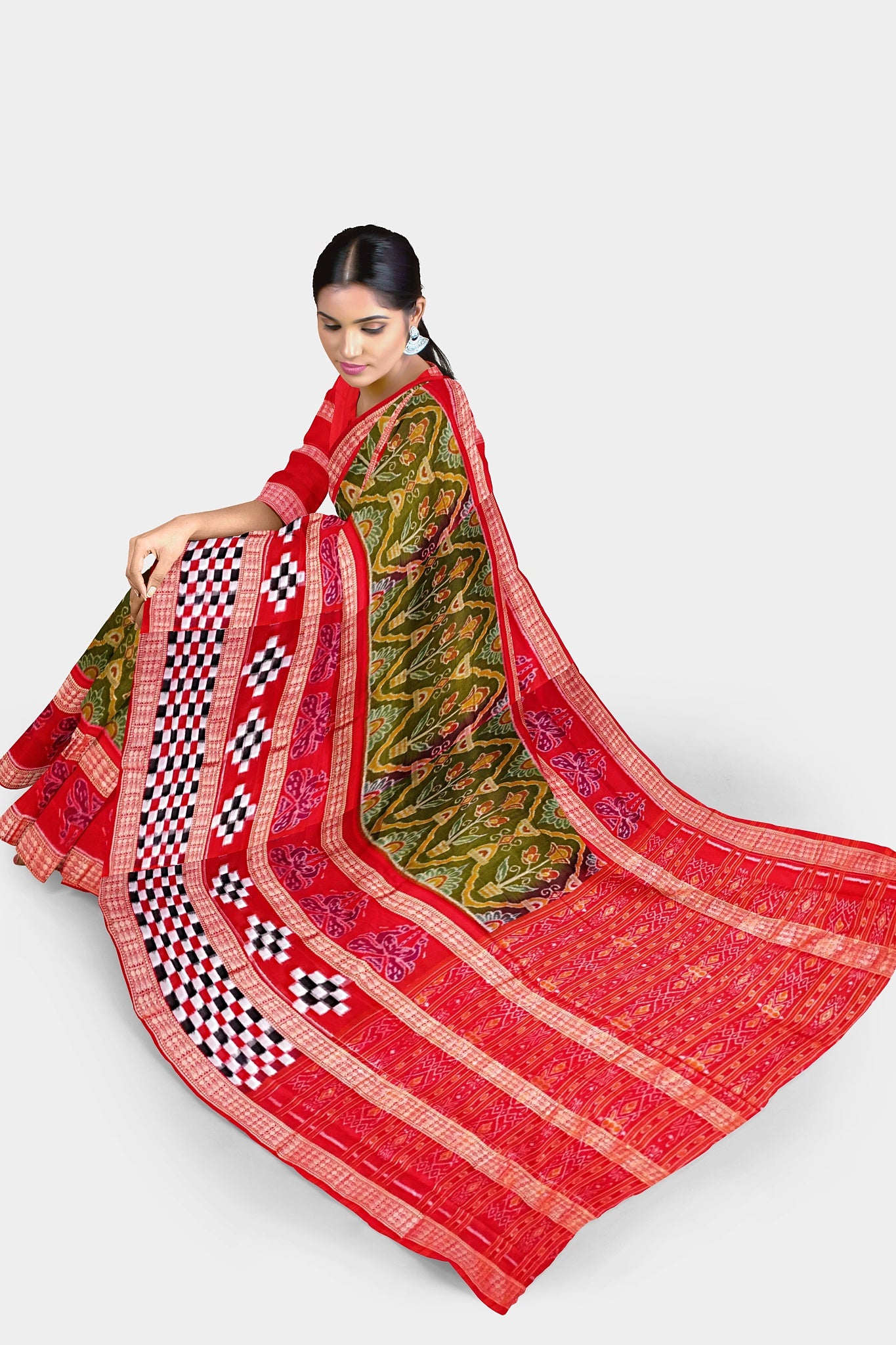 **Red and olive Sambalpuri saree with floral and Pasapali body patterns, and a pallu featuring Patili design motifs.**