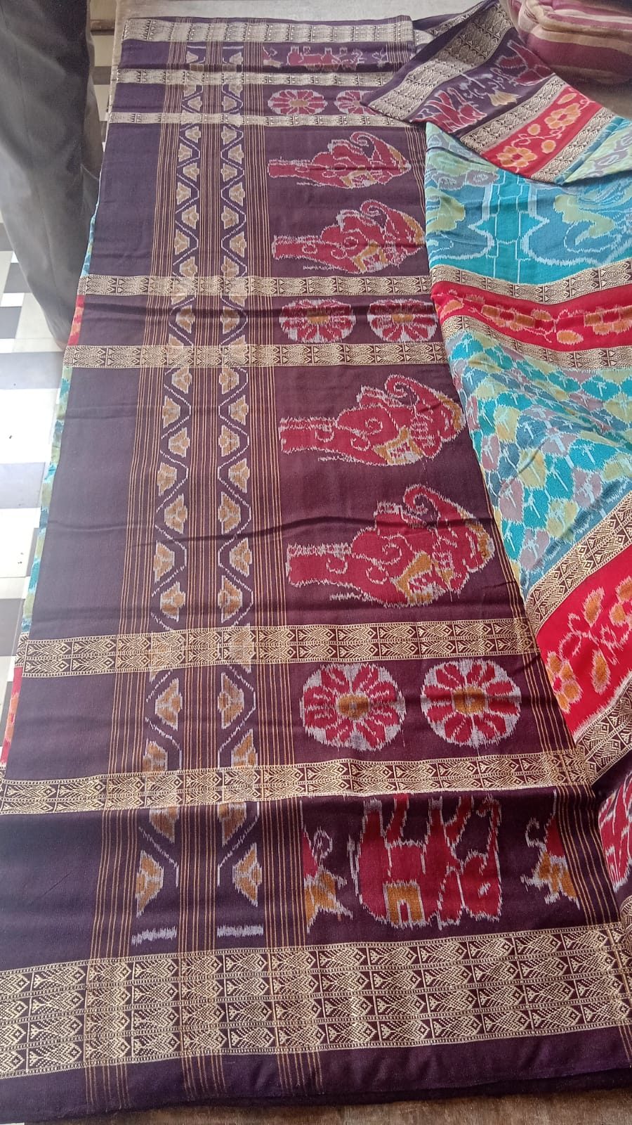 Blue-Red Temple Grandeur SAREE - Koshali Arts & Crafts Enterprise