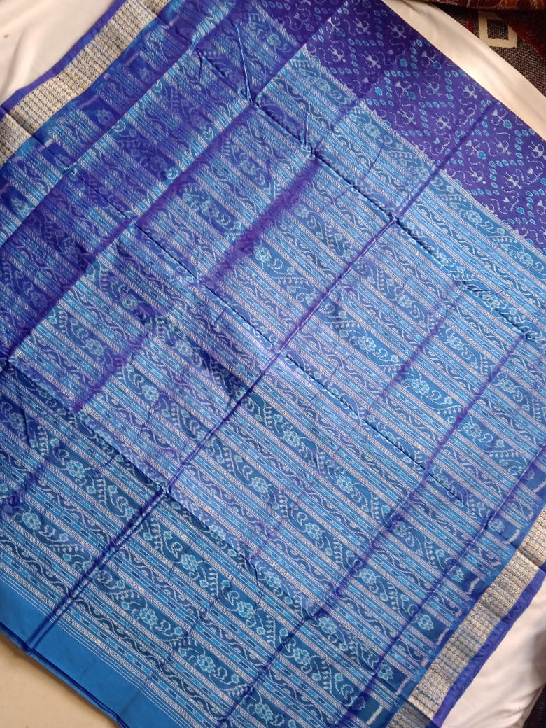 Blue & Sky color terracotta pattern patli pata saree. - Koshali Arts & Crafts Enterprise