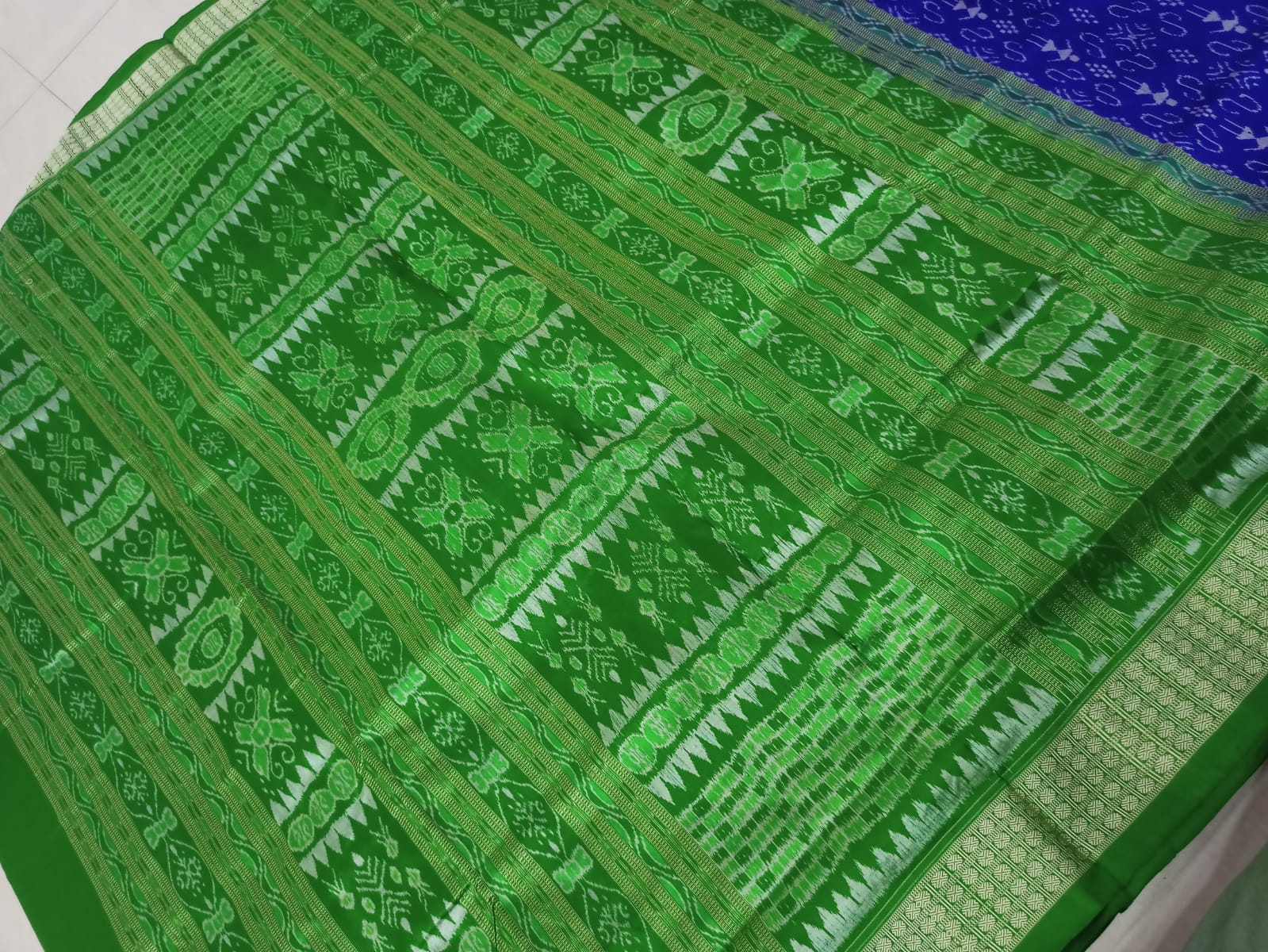 Blue and green color small terracotta pattern pure silk saree. - Koshali Arts & Crafts Enterprise