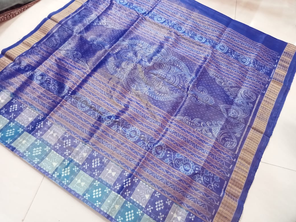 Latest collection cross and small terracotta pattern pure tissue silk saree is Royal blue & light sky color . - Koshali Arts & Crafts Enterprise