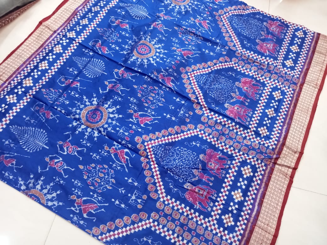 Royal elephant and terracotta pattern pure Pata saree in Blue and Maroon color. - Koshali Arts & Crafts Enterprise