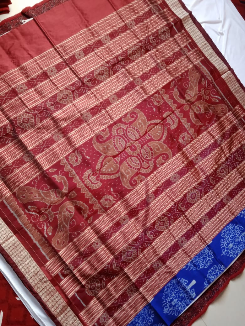 Authentic leaf design pata saree in Blue & Maroon color with blouse piece. - Koshali Arts & Crafts Enterprise