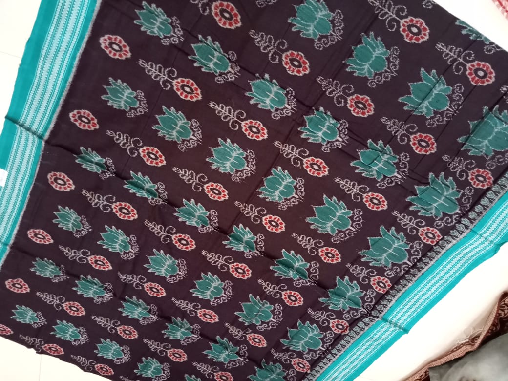 Coffee & Sea-green color Lotus design pure cotton saree. - Koshali Arts & Crafts Enterprise