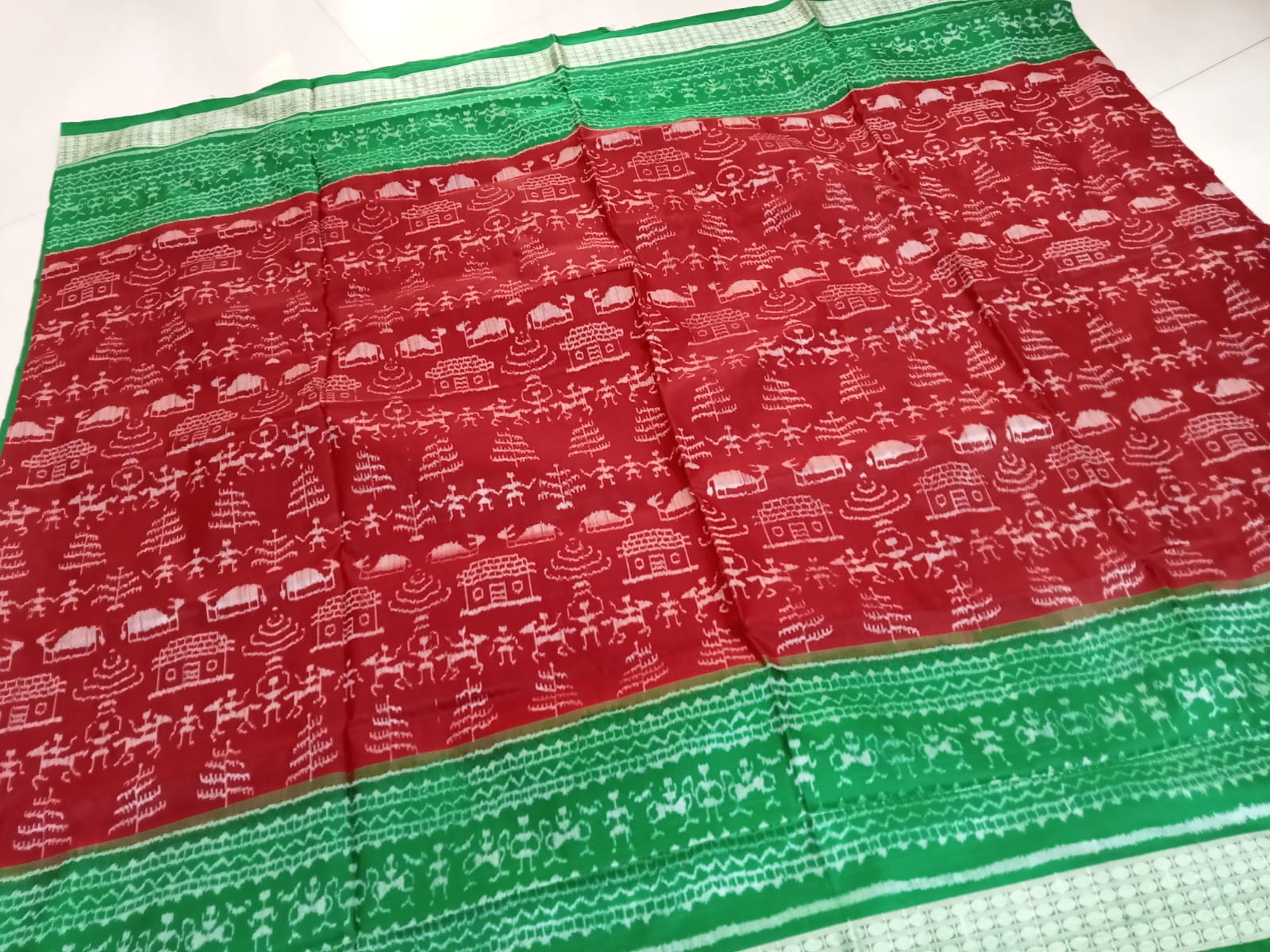 Pasapali with terracotta pattern pure Pata saree in Maroon and Green color. - Koshali Arts & Crafts Enterprise