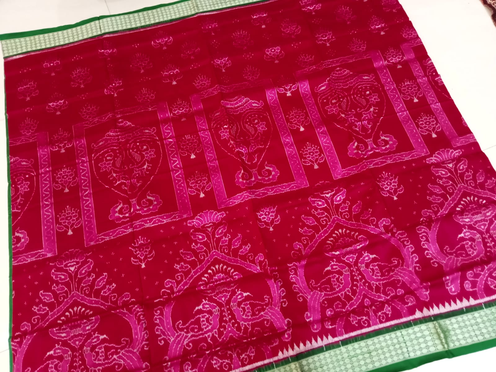 Peacock pattern pure silk saree in Deep pink and Green color. - Koshali Arts & Crafts Enterprise